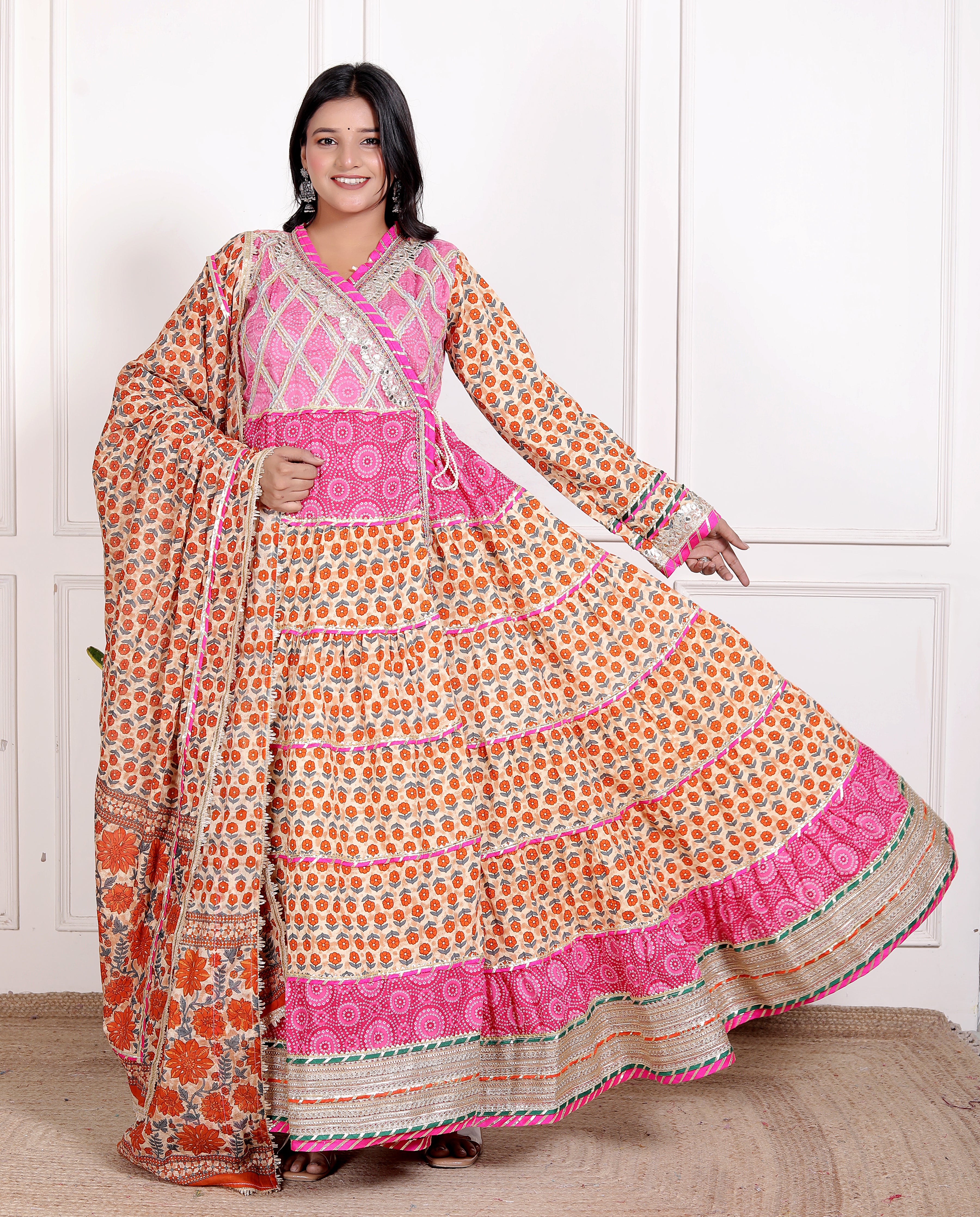 Orange Cotton Anarkali Gown with Matching Cotton Dupatta – Sizes up to 48