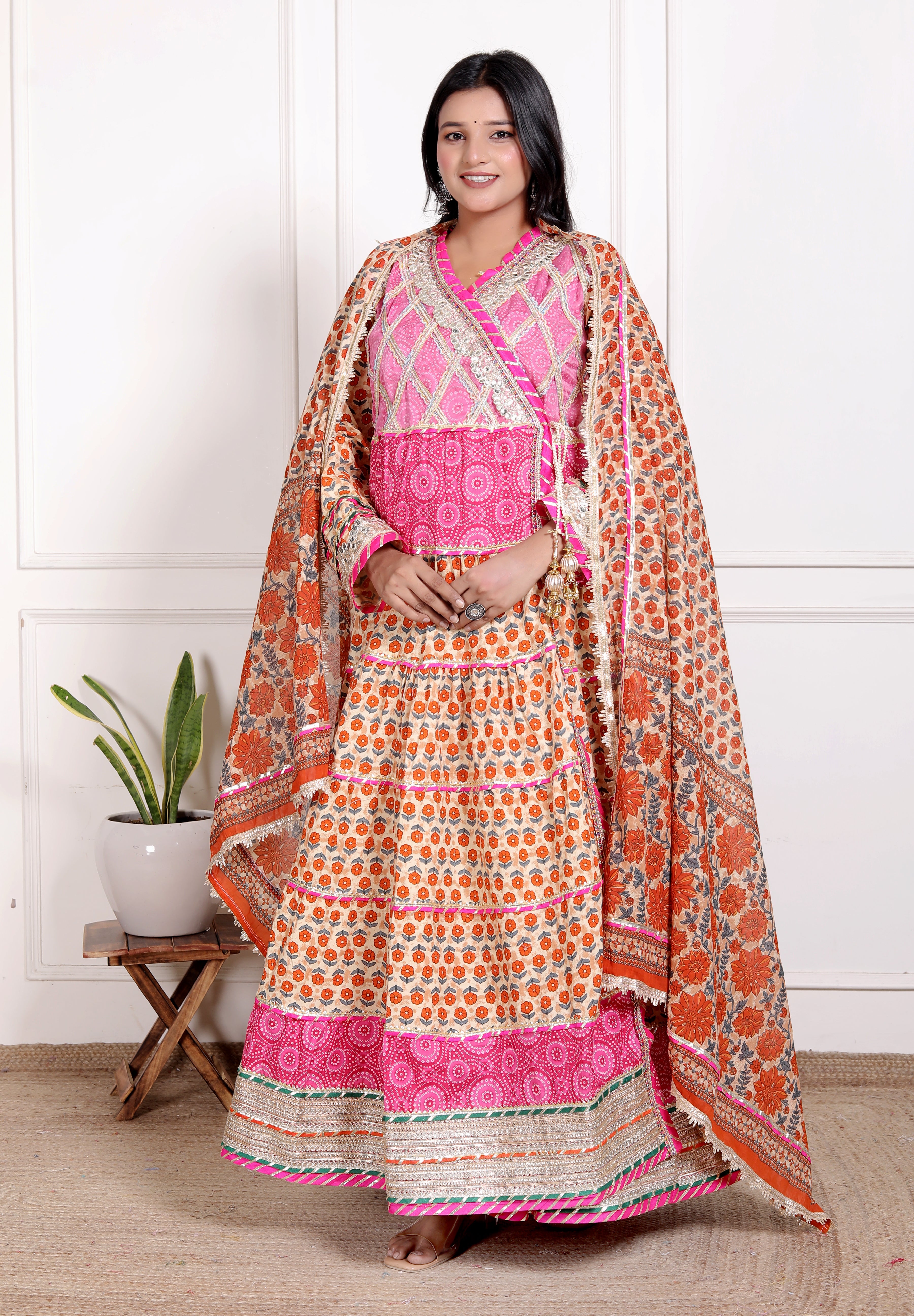 Orange Cotton Anarkali Gown with Matching Cotton Dupatta – Sizes up to 48