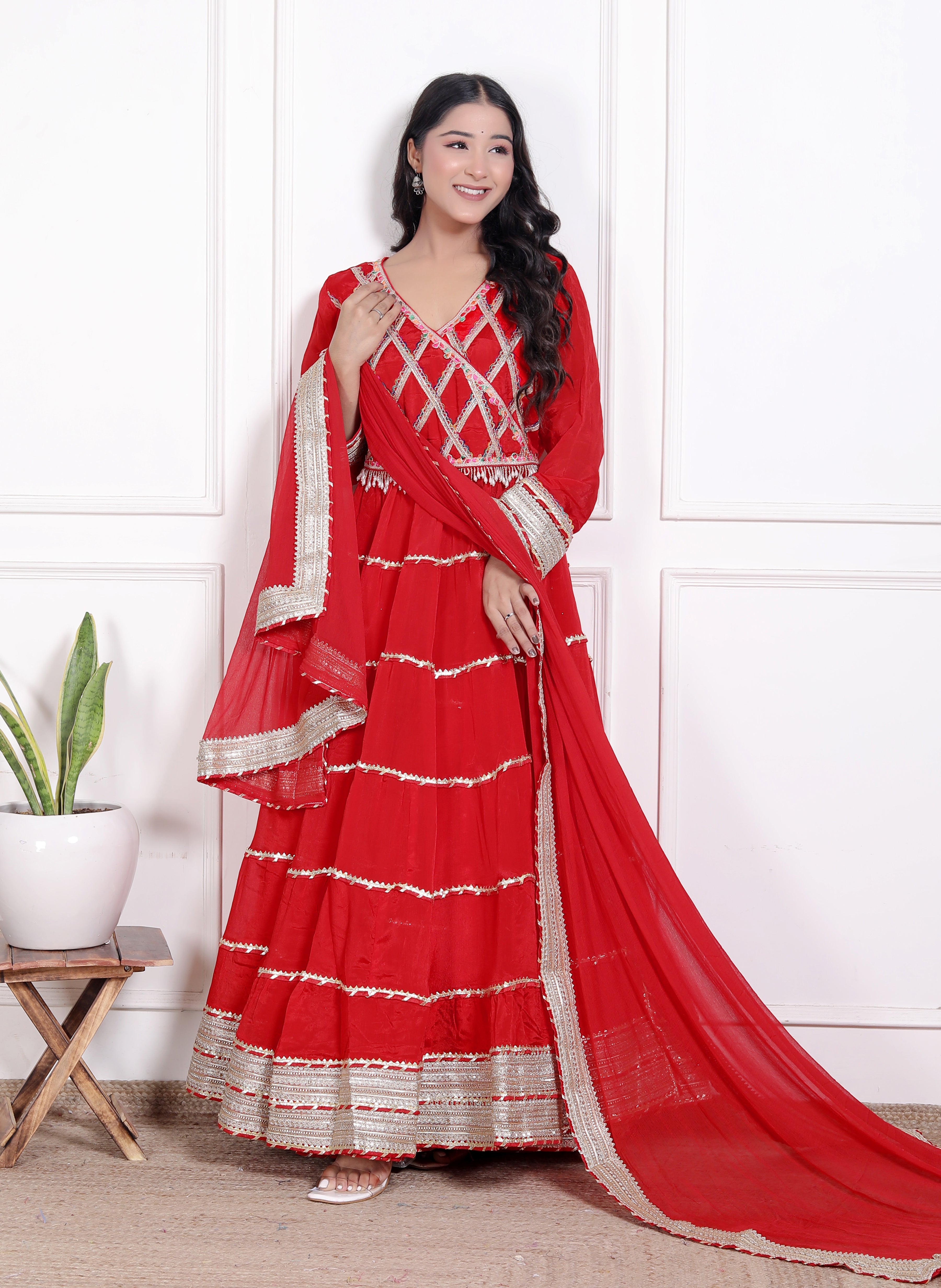 Elegant Red Chinon Anarkali Gown with Dupatta – Festive & Wedding Wear (2-Piece Set)