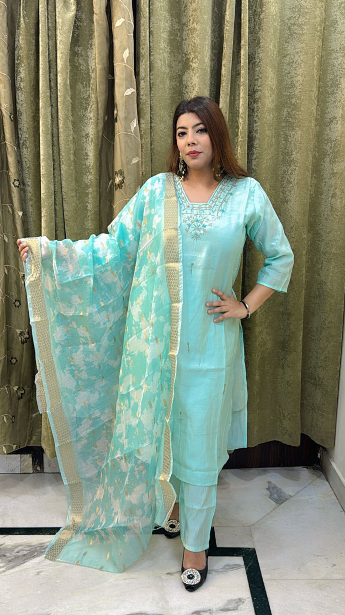Aqua Blue Cotton Silk Hand-Embroidered Suit with Banarasi Dupatta – Three-Piece Set, Sizes up to 44
