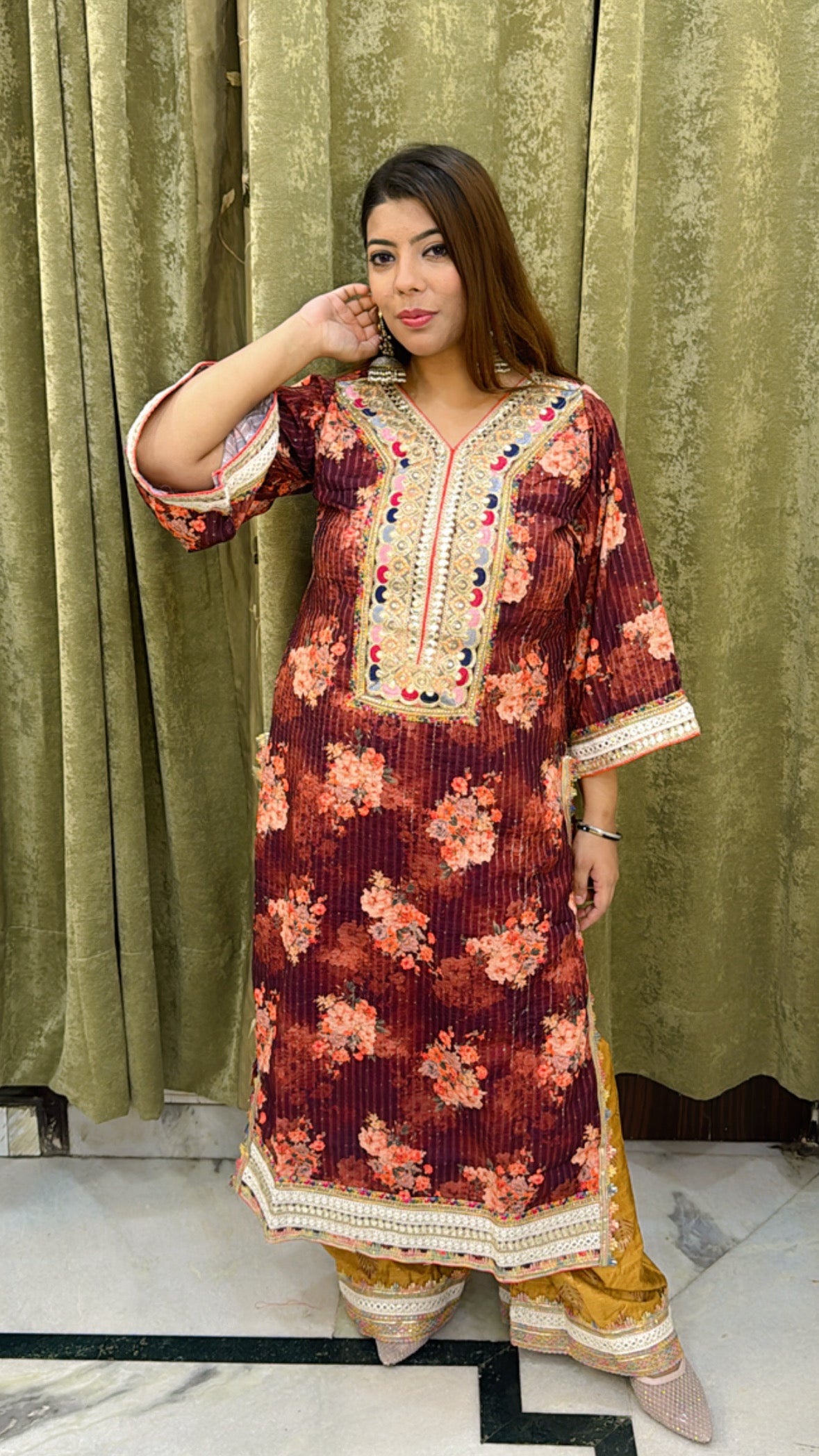 Maroon Floral Pure Cotton Kurta Set with Gotta Patti & Sequin Detailing – 2 Piece