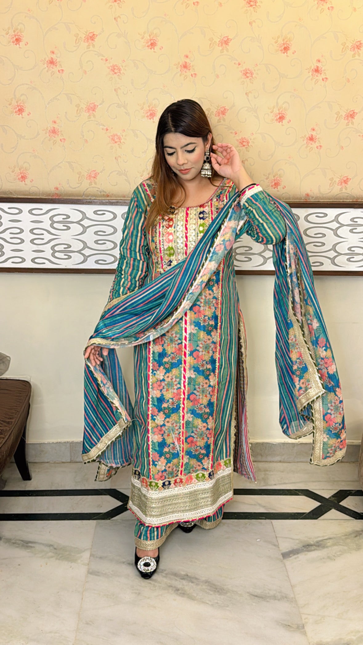 Green Floral and Stripe Cotton Suit with Heavy Embroidered Neckline Orange Dupatta – Three-Piece Set