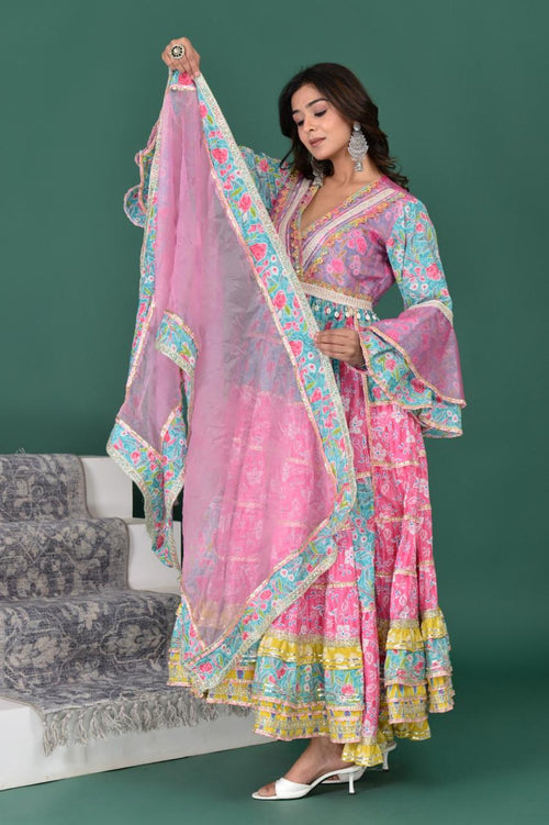 Exclusive Blue Pink Cotton Long Anarkali with Side Slit & Sharara Set – Organza Dupatta, Sizes up to 48