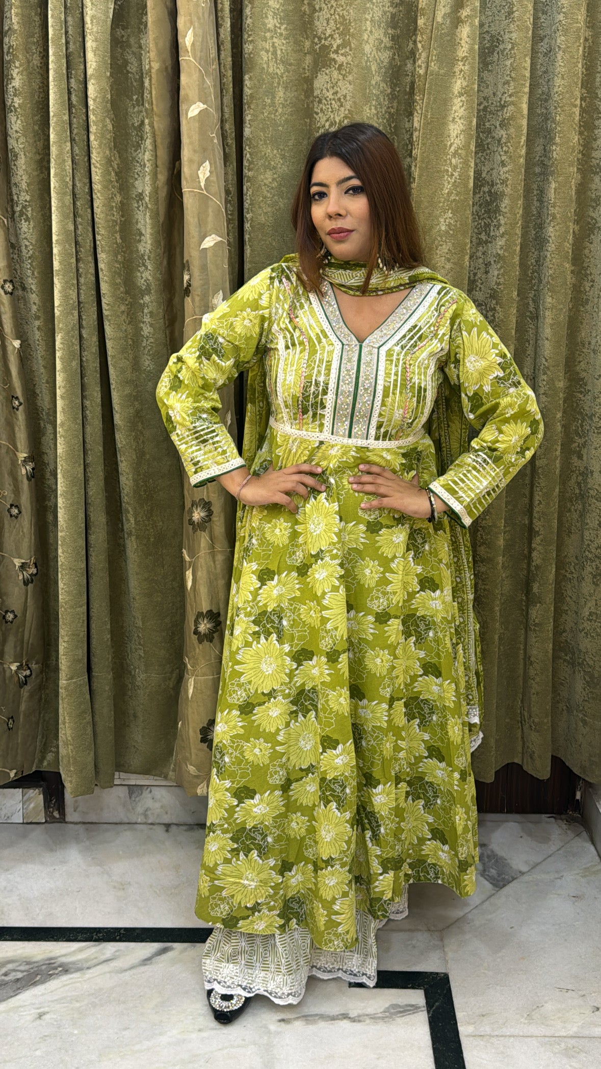 Green Pure Cotton Anarkali Set with Plazo Full-Size Mul-Mul Dupatta – Sizes 34 to 46