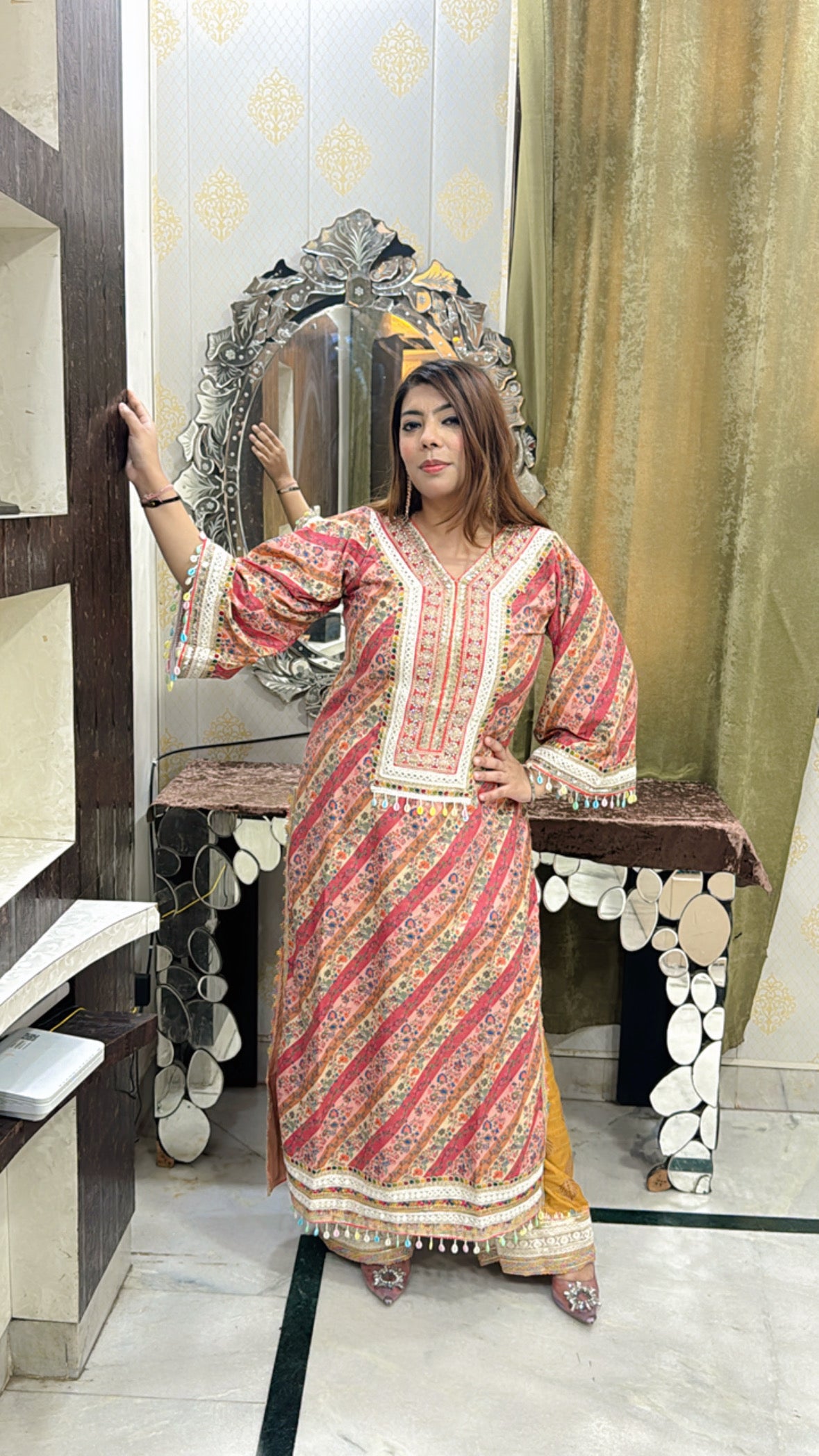 Peach Floral Pure Cotton Kurta Set with Gotta Patti & Sequin Detailing – 2 Piece