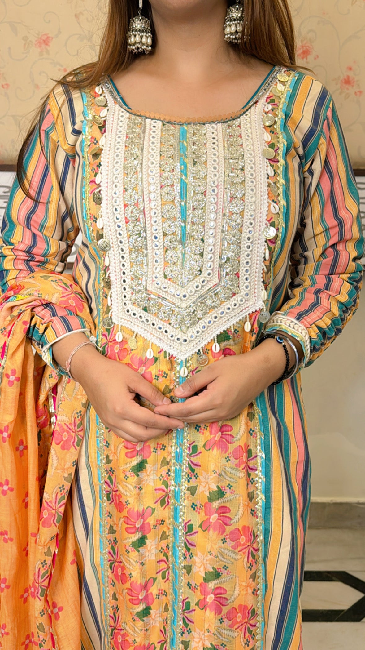 Multi-Color Floral and Stripe Cotton Suit with Heavy Embroidered Neckline Orange Dupatta – Three-Piece Set