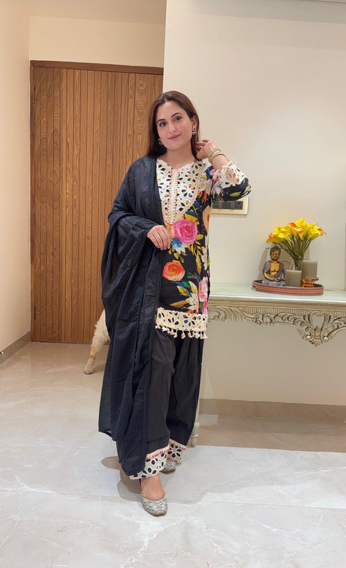 Black Floral Farshi Salwar Suit – 3 Piece Cotton Set
