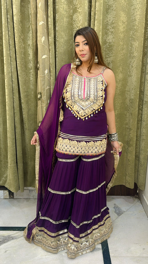Wine Color Gota Work Three-Piece Sharara Suit – Sizes 34 to 48