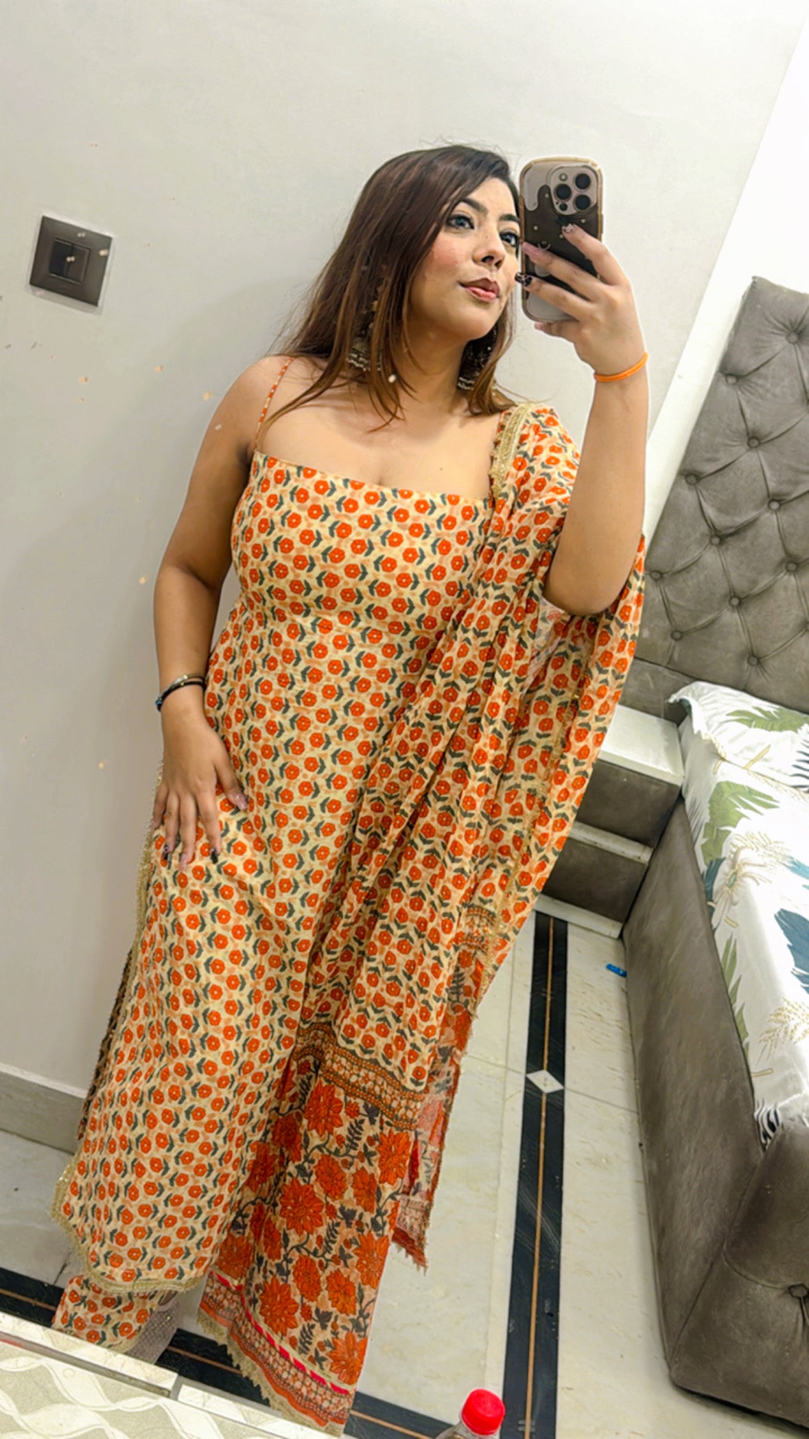 Elegant Orange Noodle Strap Straight Suit