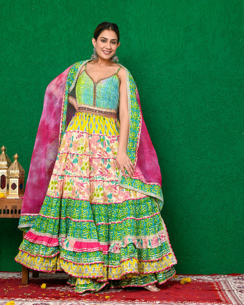 Green Pink Long Anarkali With Sharara Set In Noodle Step