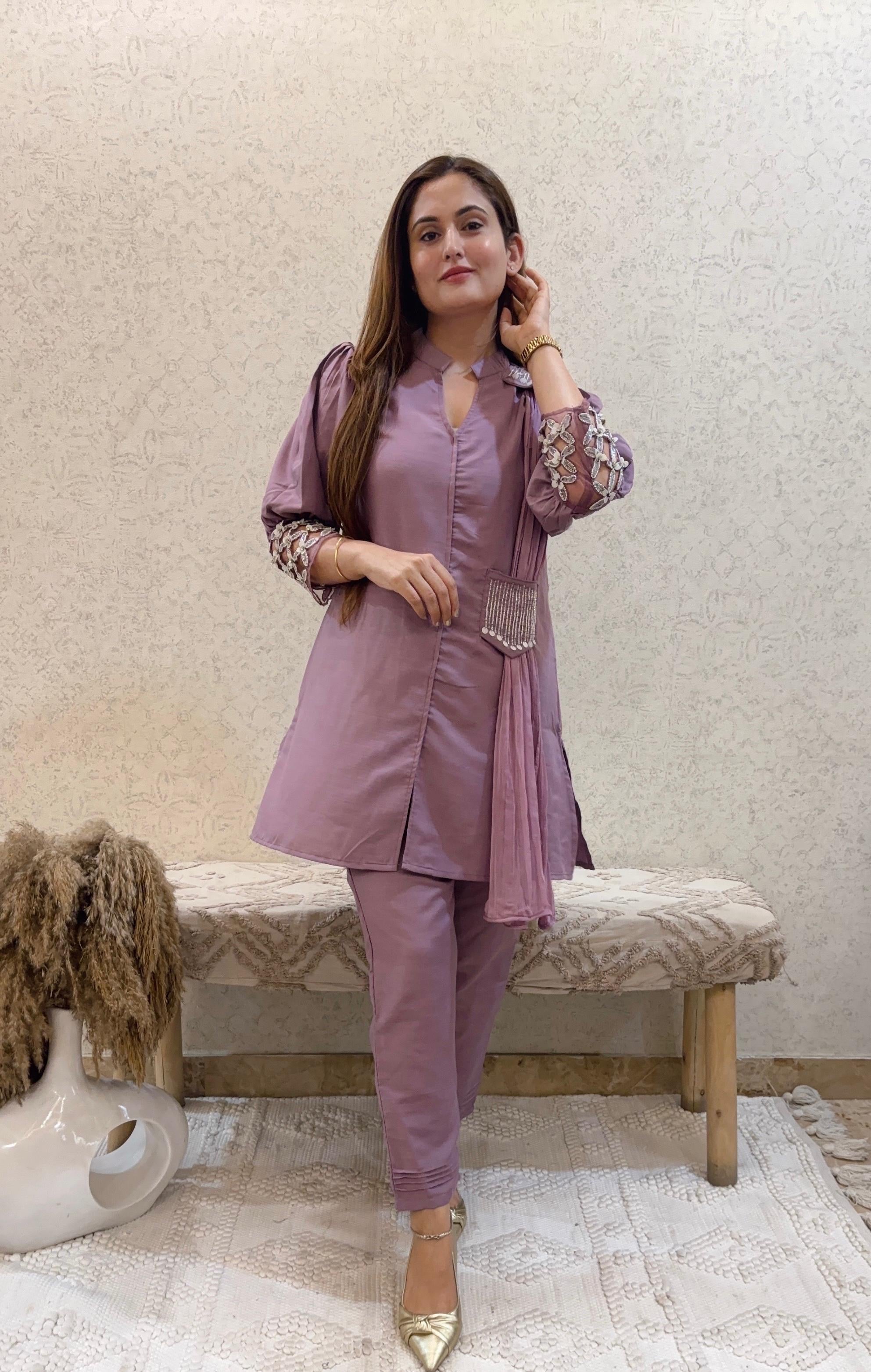 Mauve Pearl & Bead Handwork Co-ord Set – 2 Piece