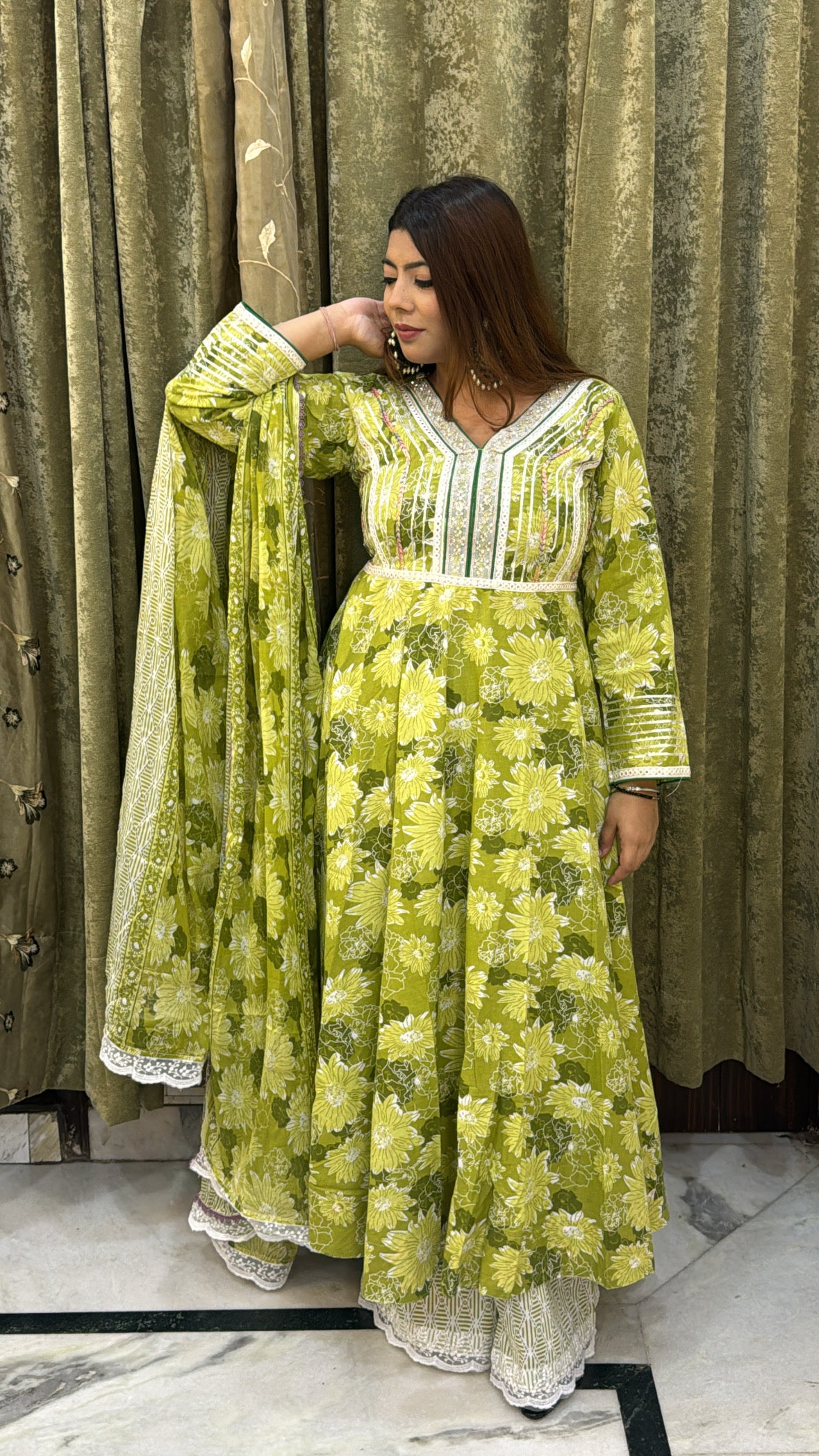 Green Pure Cotton Anarkali Set with Plazo Full-Size Mul-Mul Dupatta – Sizes 34 to 46