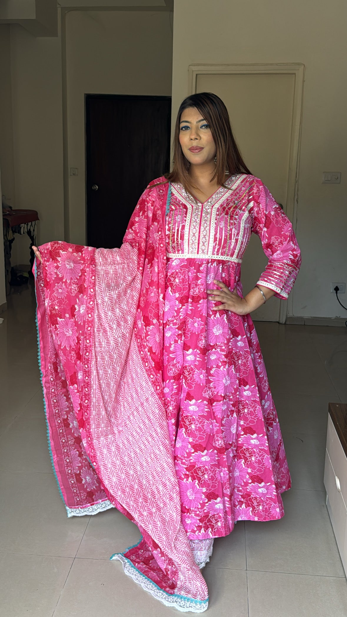 Pink Pure Cotton Anarkali Set with Plazo Full-Size Mul-Mul Dupatta – Sizes 34 to 46