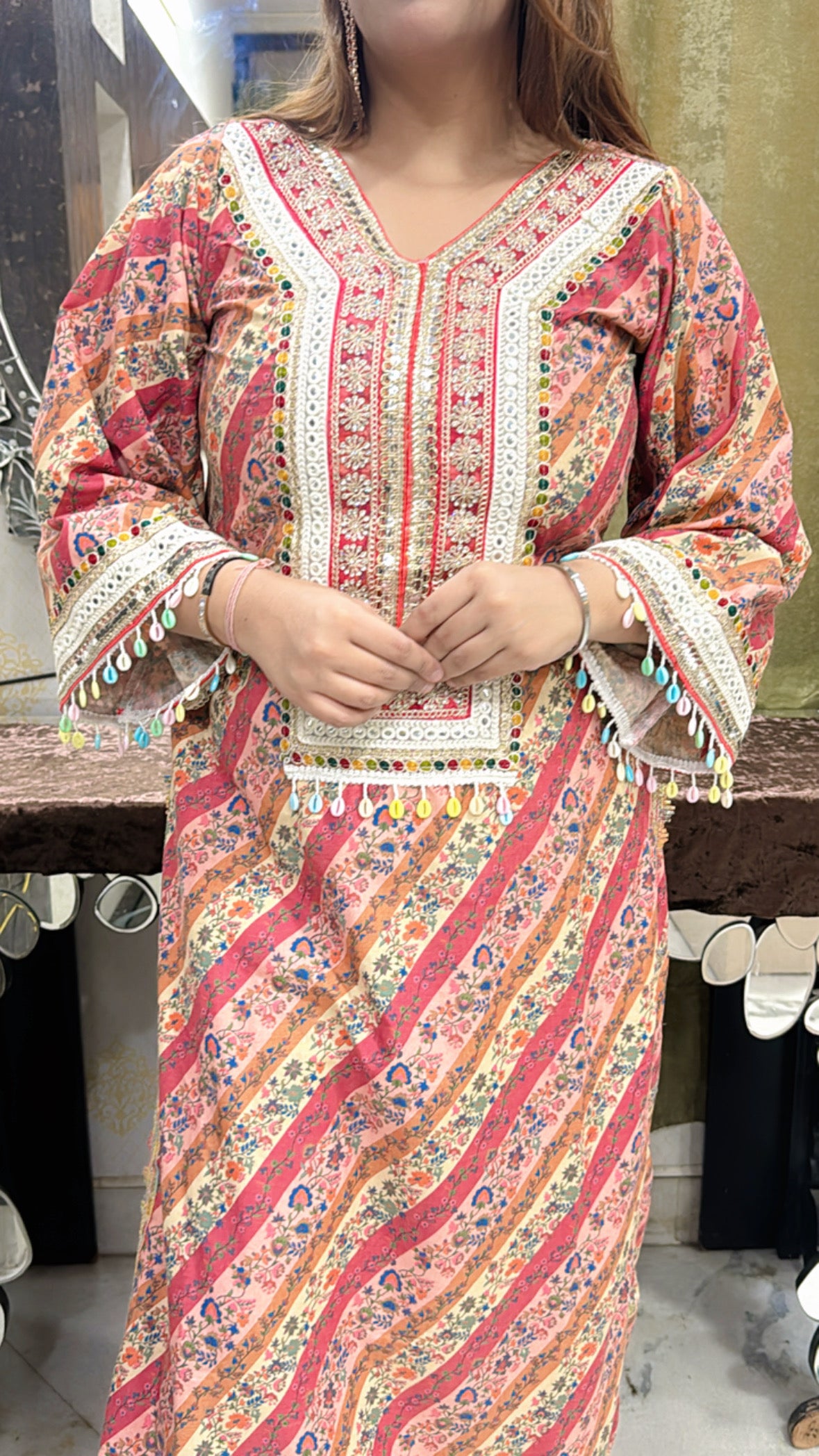 Peach Floral Pure Cotton Kurta Set with Gotta Patti & Sequin Detailing – 2 Piece