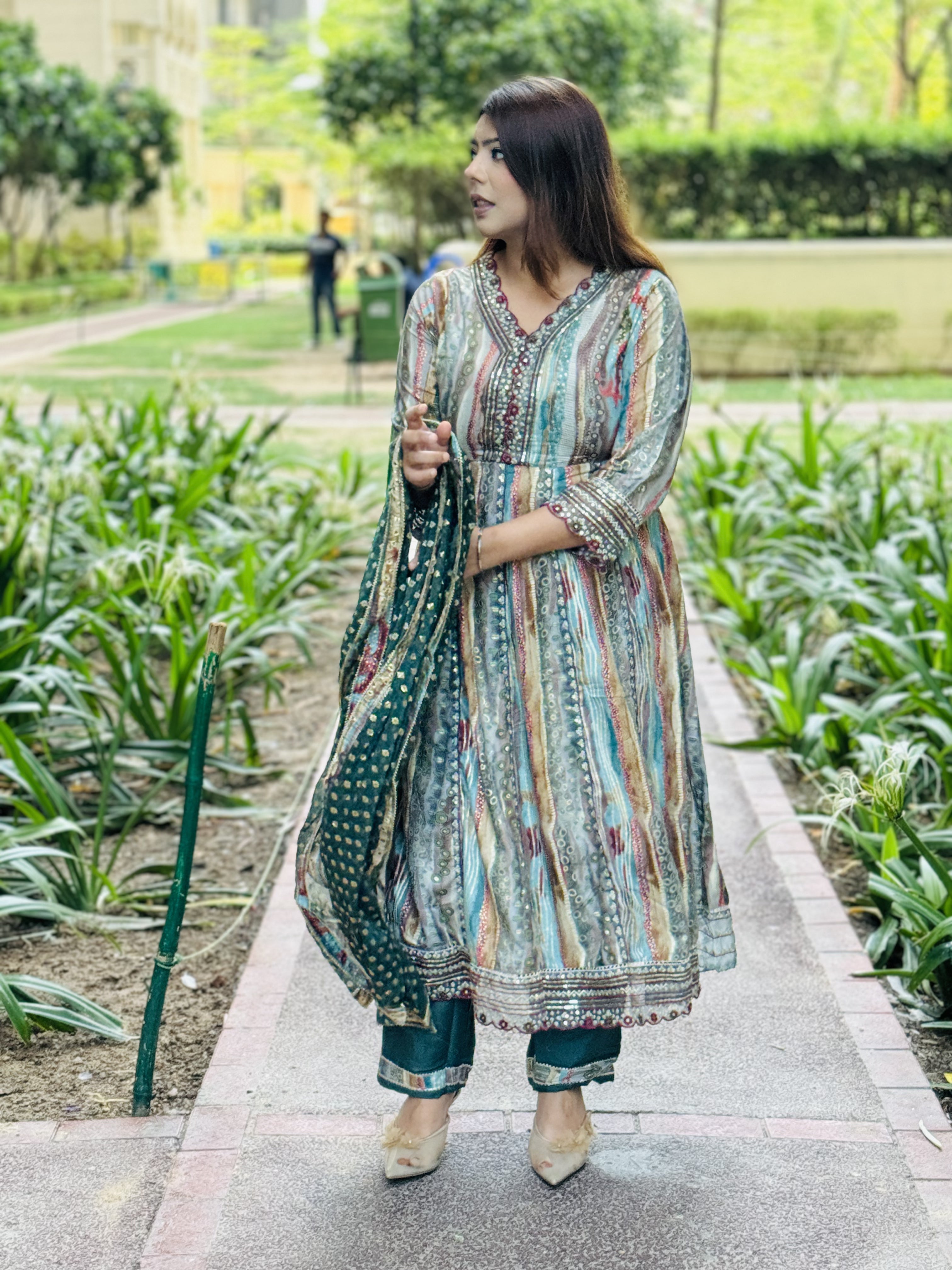 Aline Marble Green Anarkali