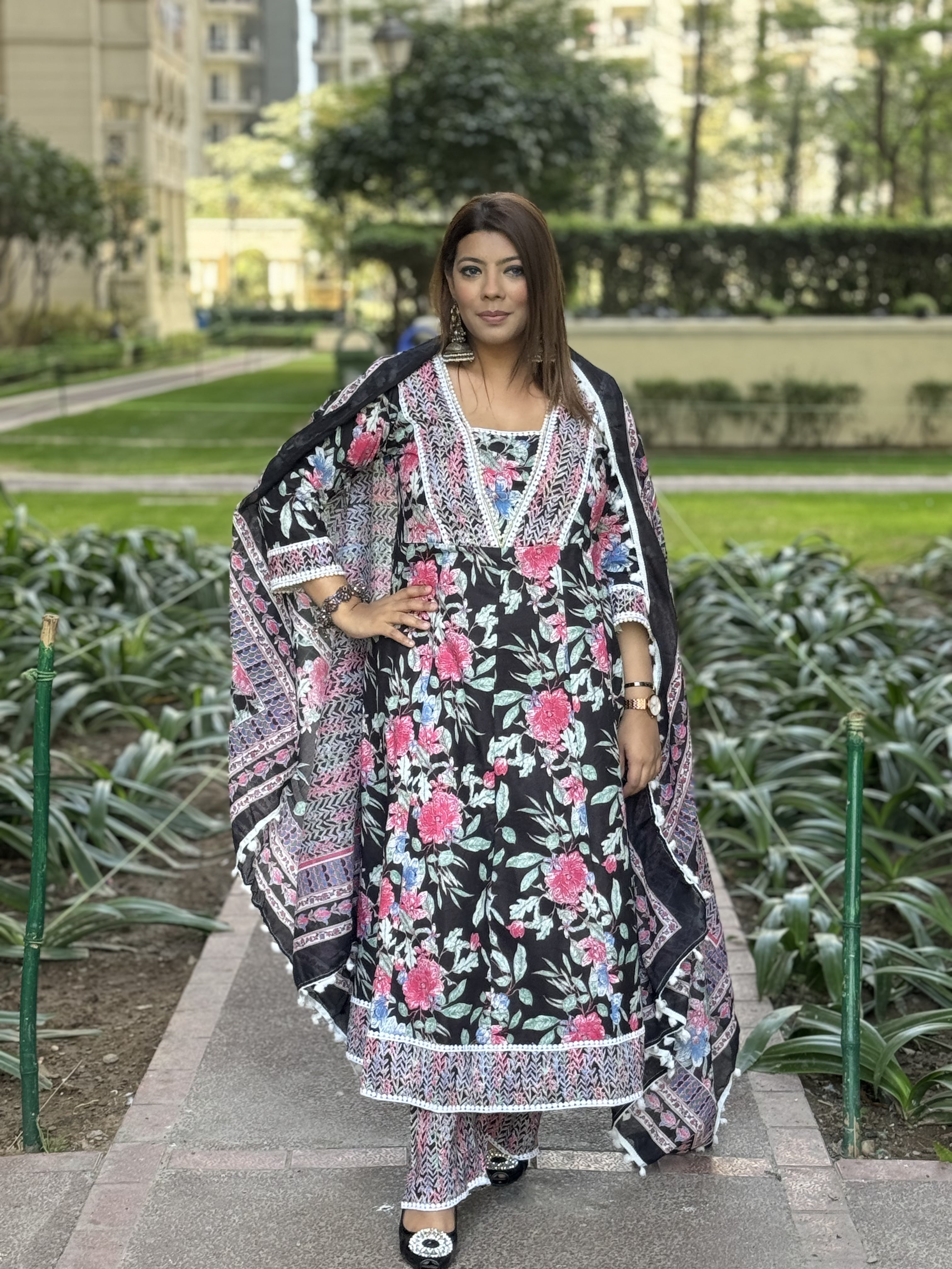 Black Midnight Garden Anarkali Set