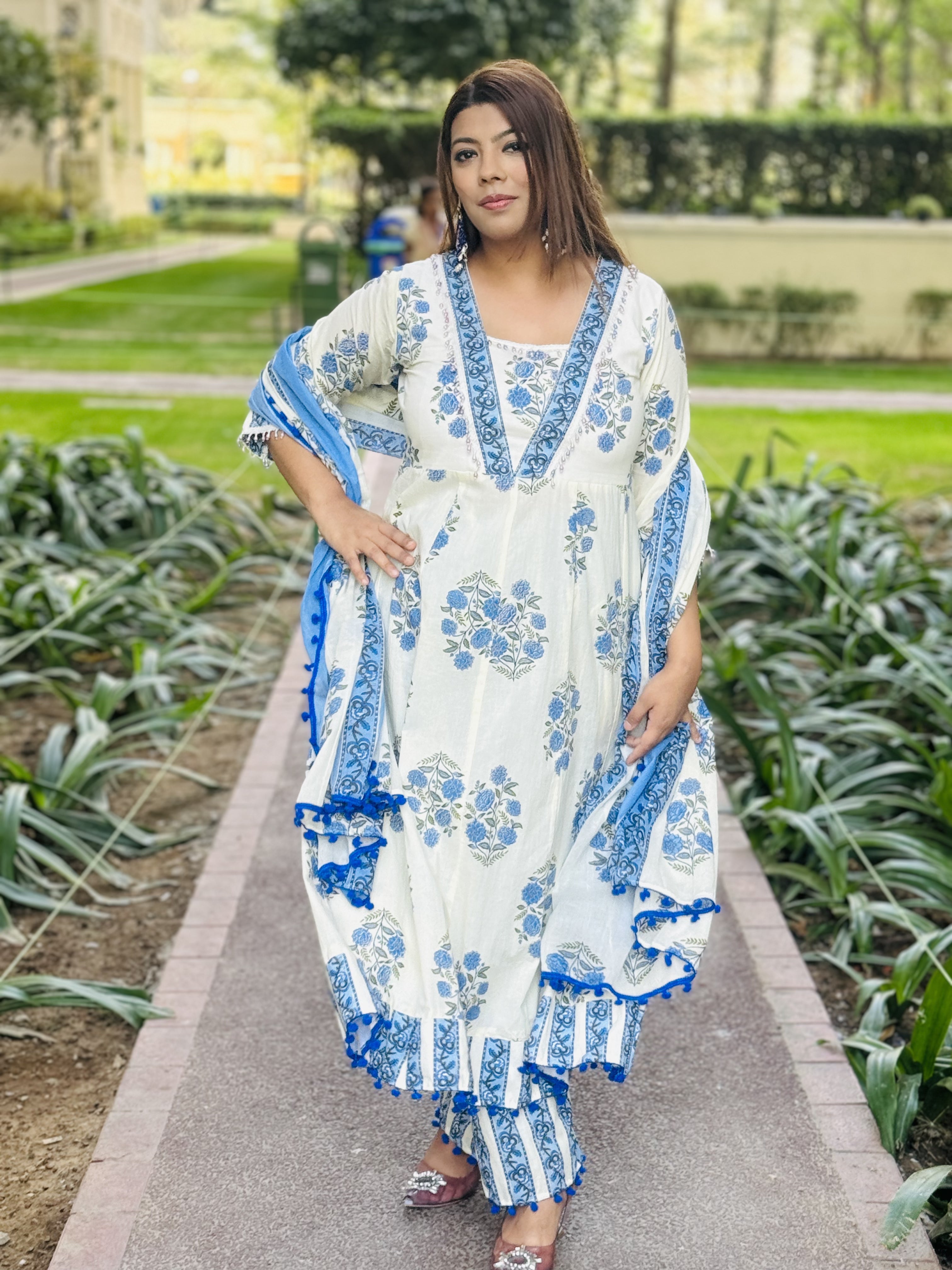 Cream And Blue Anarkali