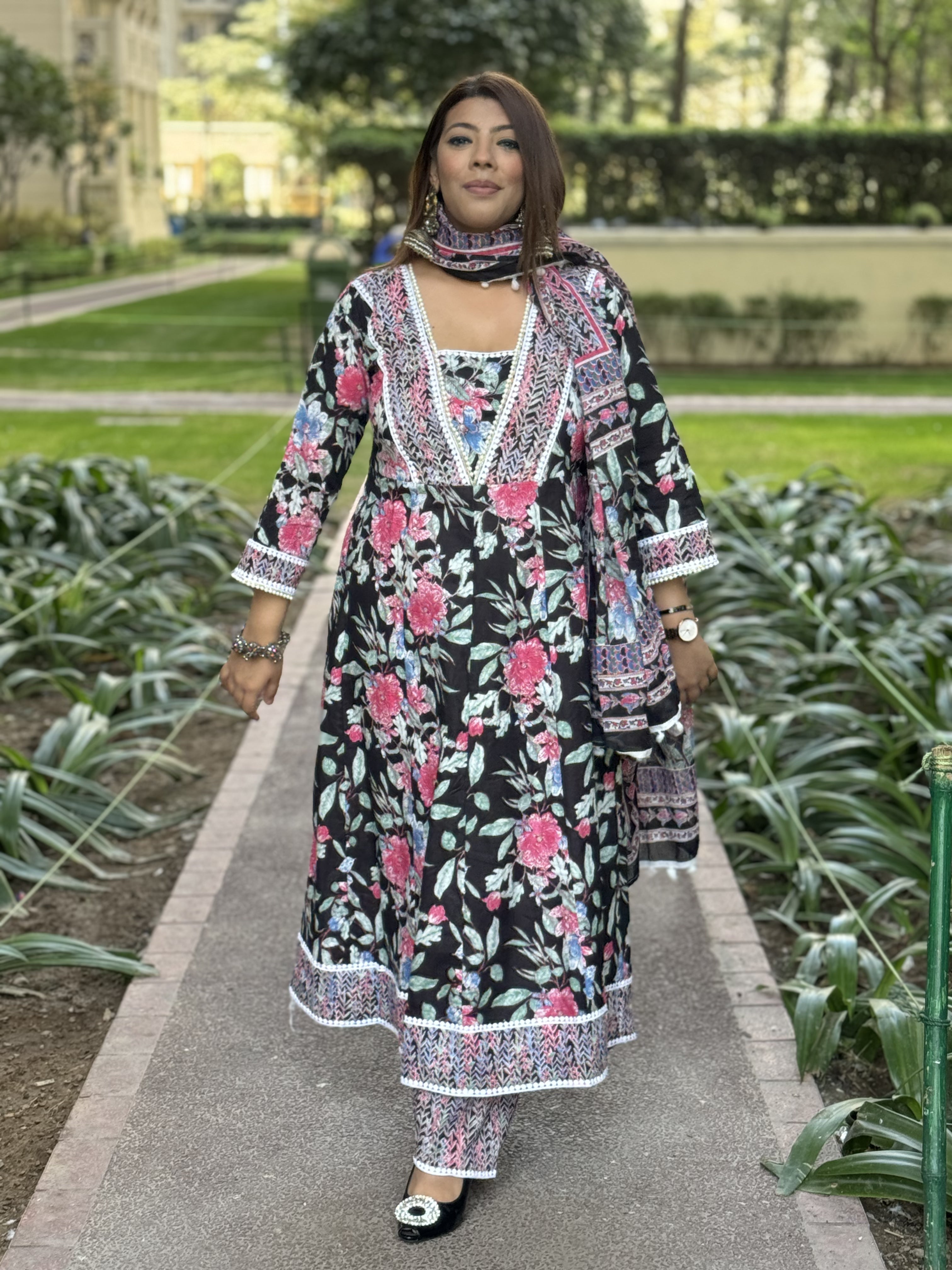 Black Midnight Garden Anarkali Set