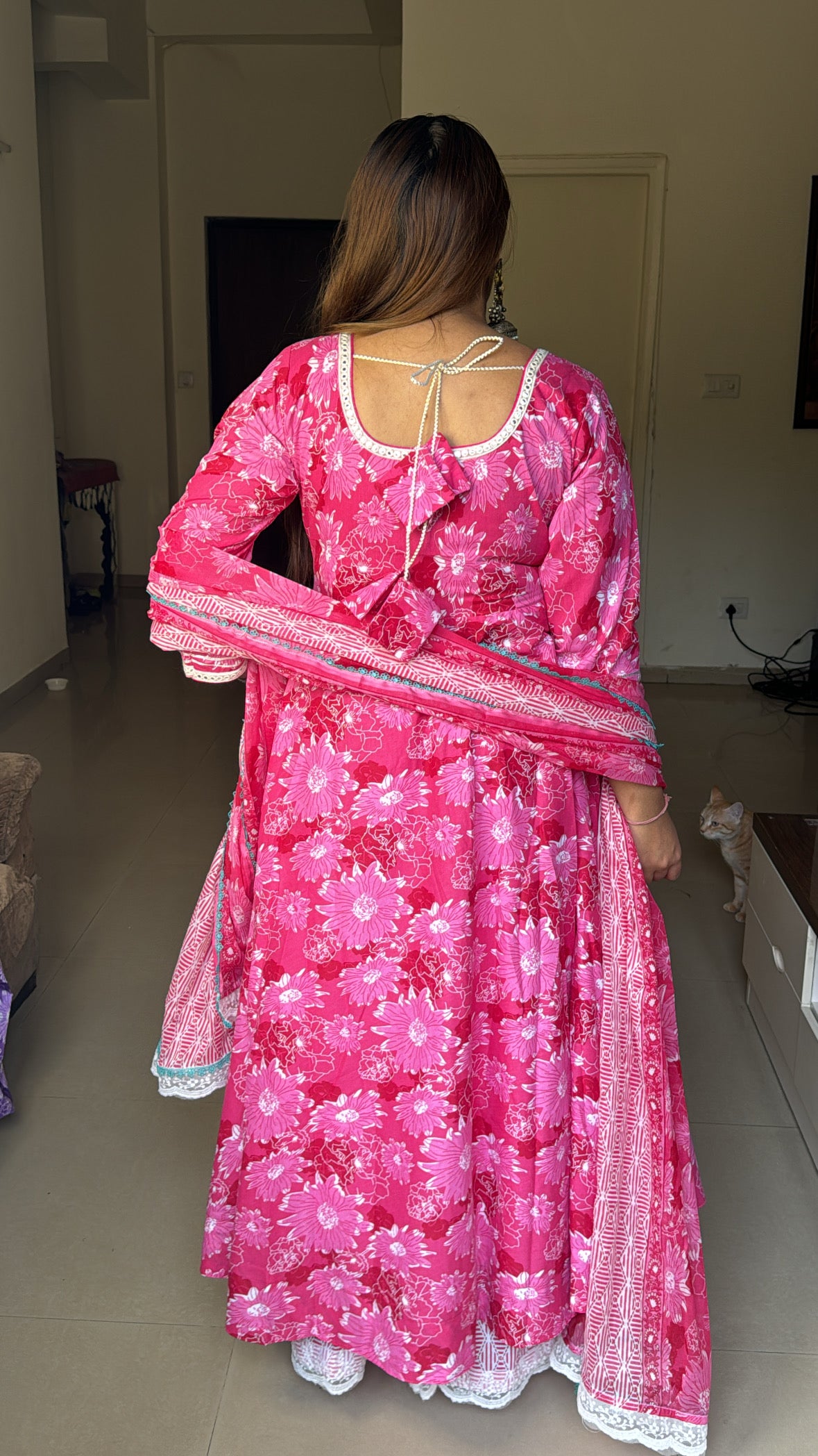 Pink Pure Cotton Anarkali Set with Plazo Full-Size Mul-Mul Dupatta – Sizes 34 to 46