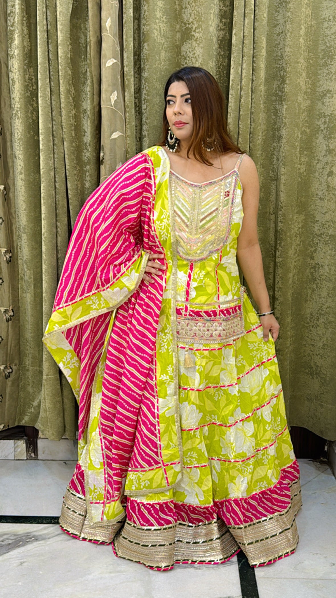 Lime Green & Pink Gotta Patti 3-Piece Lehenga Set with Long Choli & Dupatta – Ready to Wear | Sizes 34-46