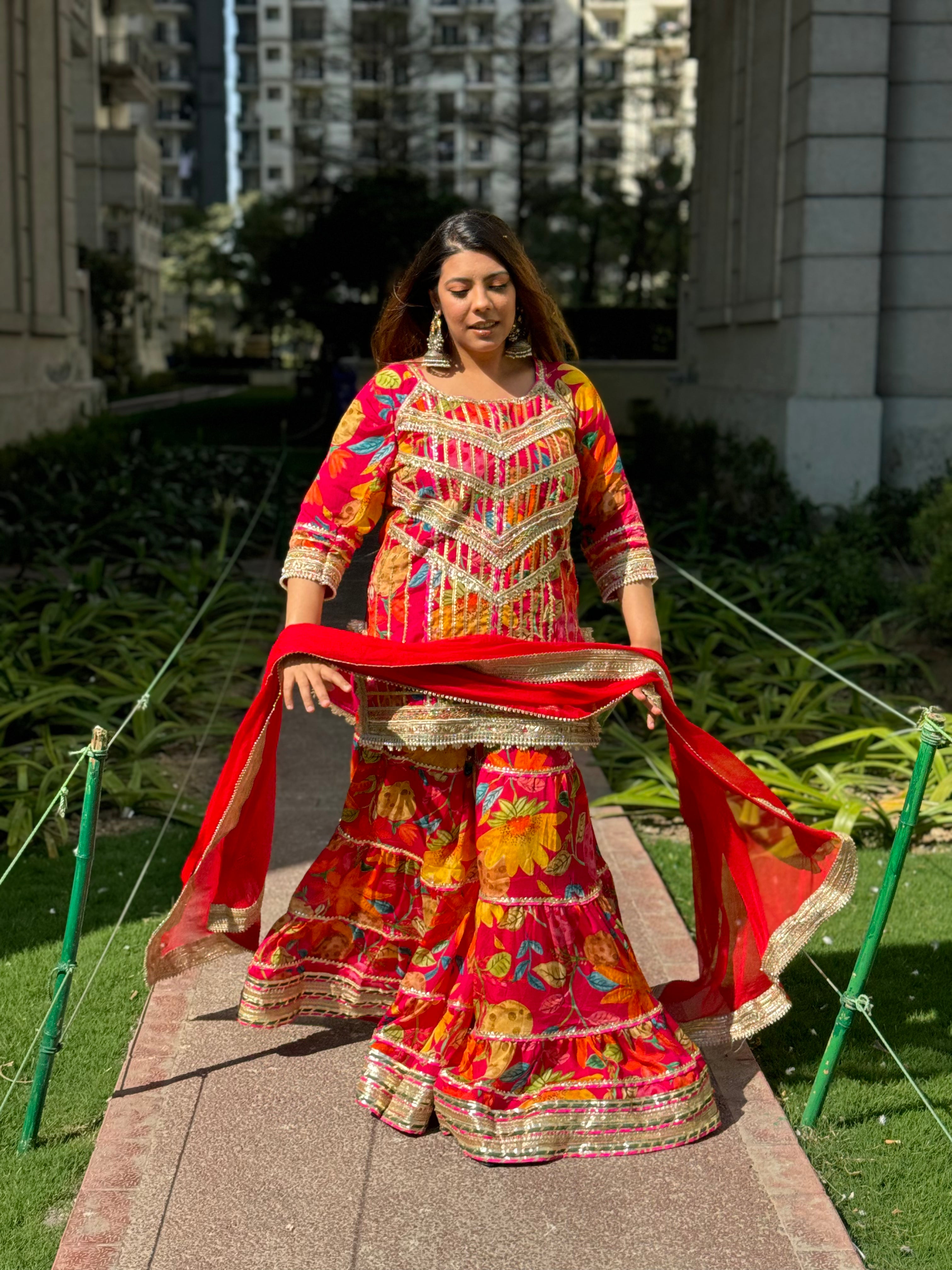 Chinon Sharara In Red Pink Combination