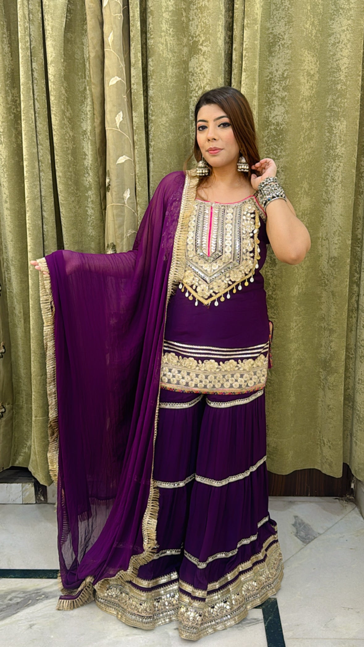 Wine Color Gota Work Three-Piece Sharara Suit – Sizes 34 to 48