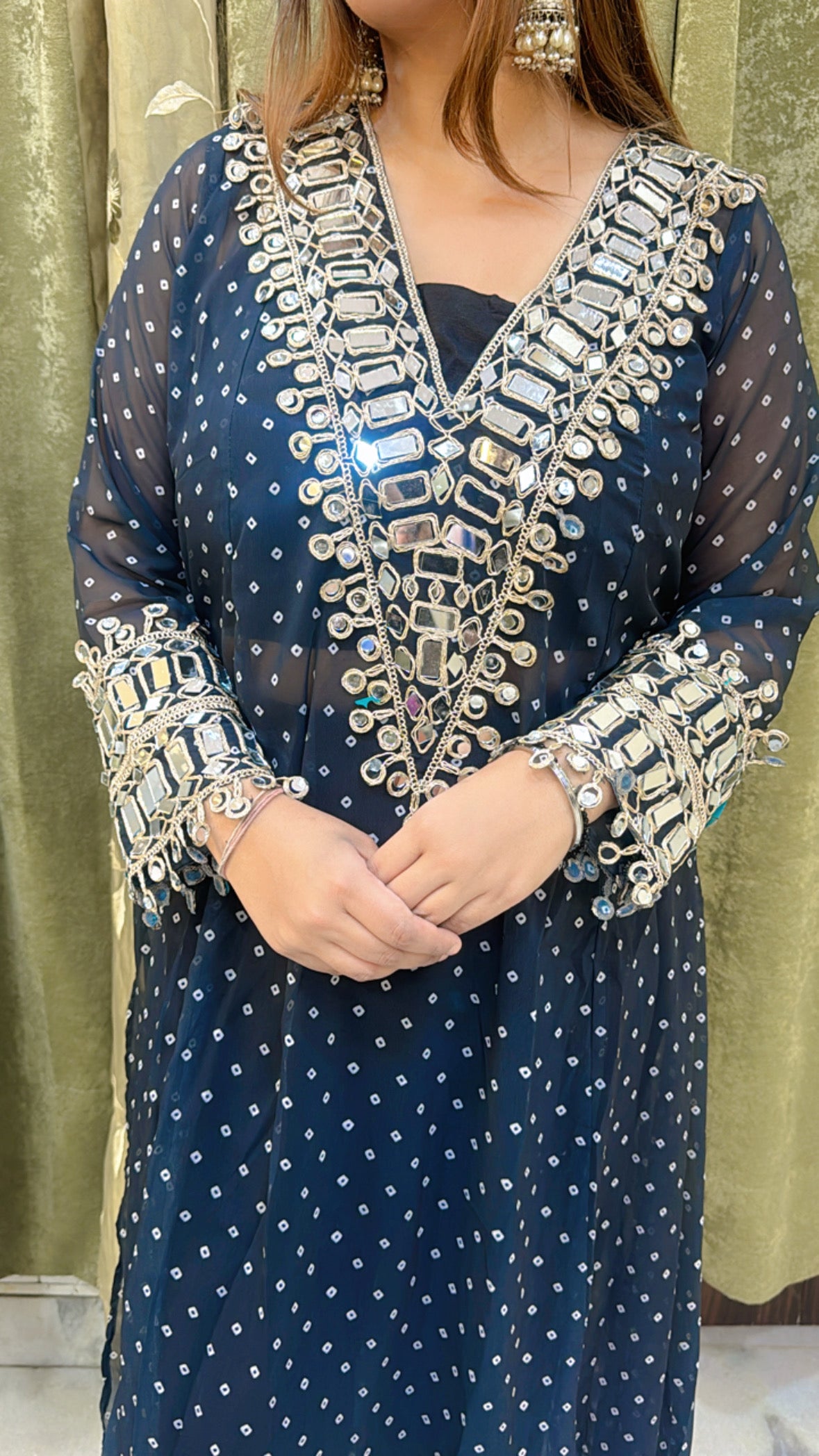 Black Georgette A-Line Anarkali Set with Mirror Work – Elegant V-Neck Side Slit Design