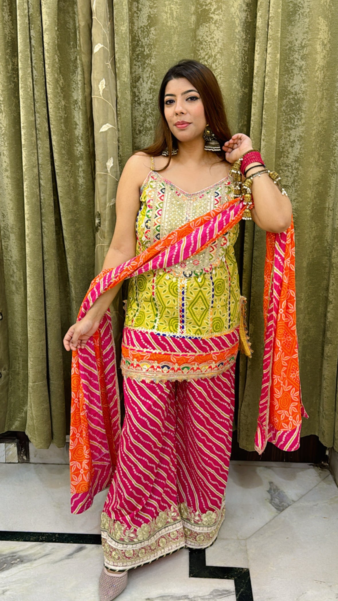 Lime Green Short Kurti with Pink Plazo &amp; Orange Dupatta – Pure Cotton 3-Piece Set with Gota Work | Festive &amp; Wedding Wear for Women