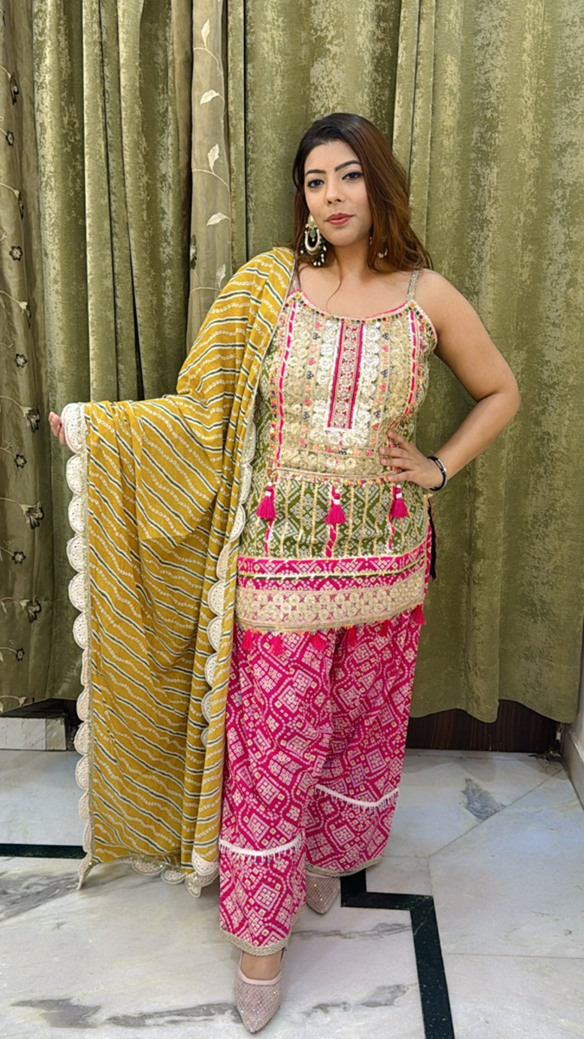 Mustard Green & Pink Gotta Patti 3-Piece Farshi Salwar Set with Long Kurti & Dupatta – Ready to Wear | Sizes 34-46