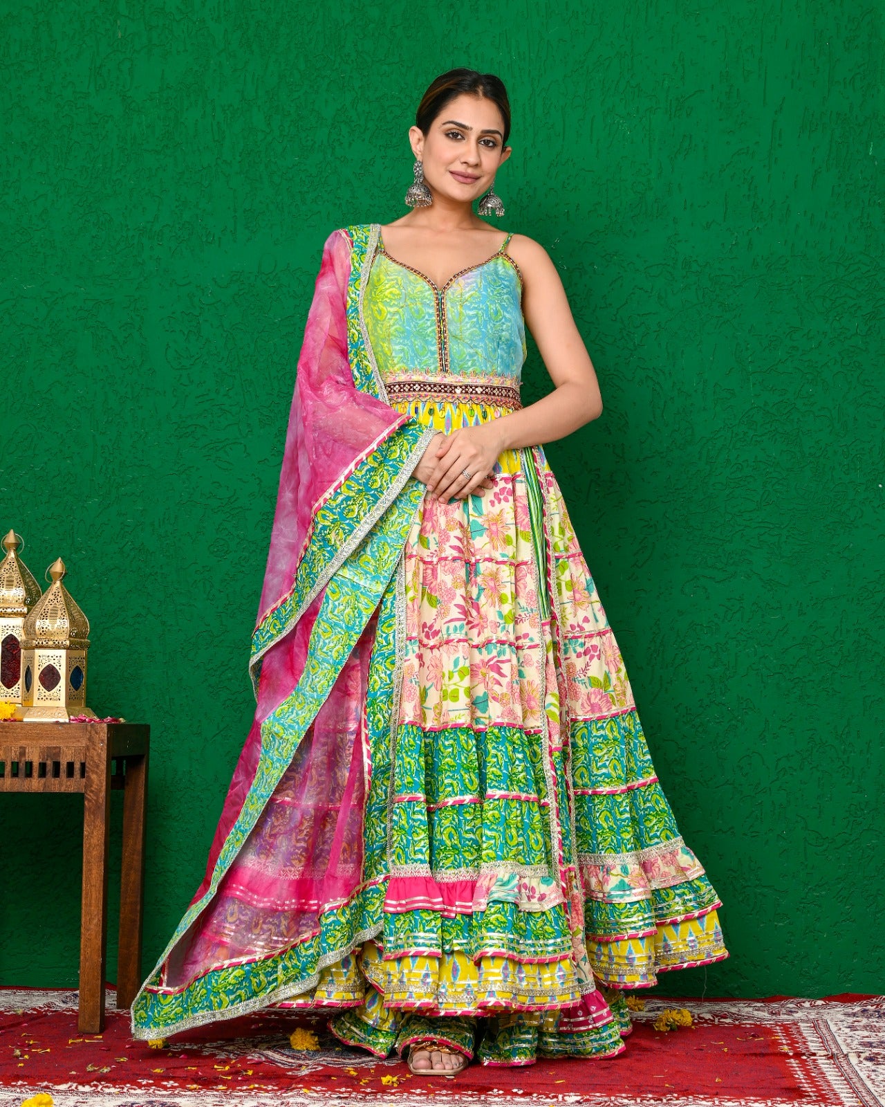 Green Pink Long Anarkali With Sharara Set In Noodle Step