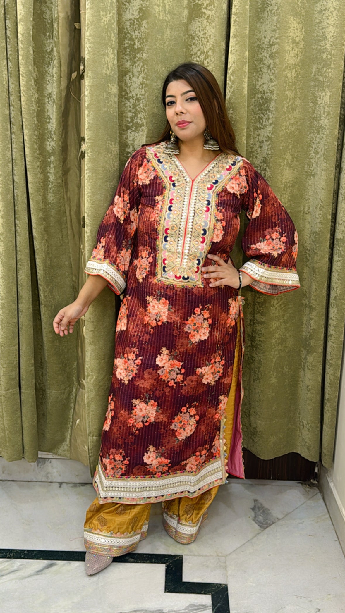 Maroon Floral Pure Cotton Kurta Set with Gotta Patti & Sequin Detailing – 2 Piece