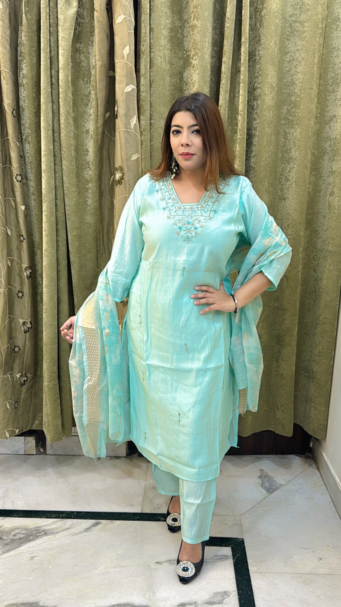 Aqua Blue Cotton Silk Hand-Embroidered Suit with Banarasi Dupatta – Three-Piece Set, Sizes up to 44