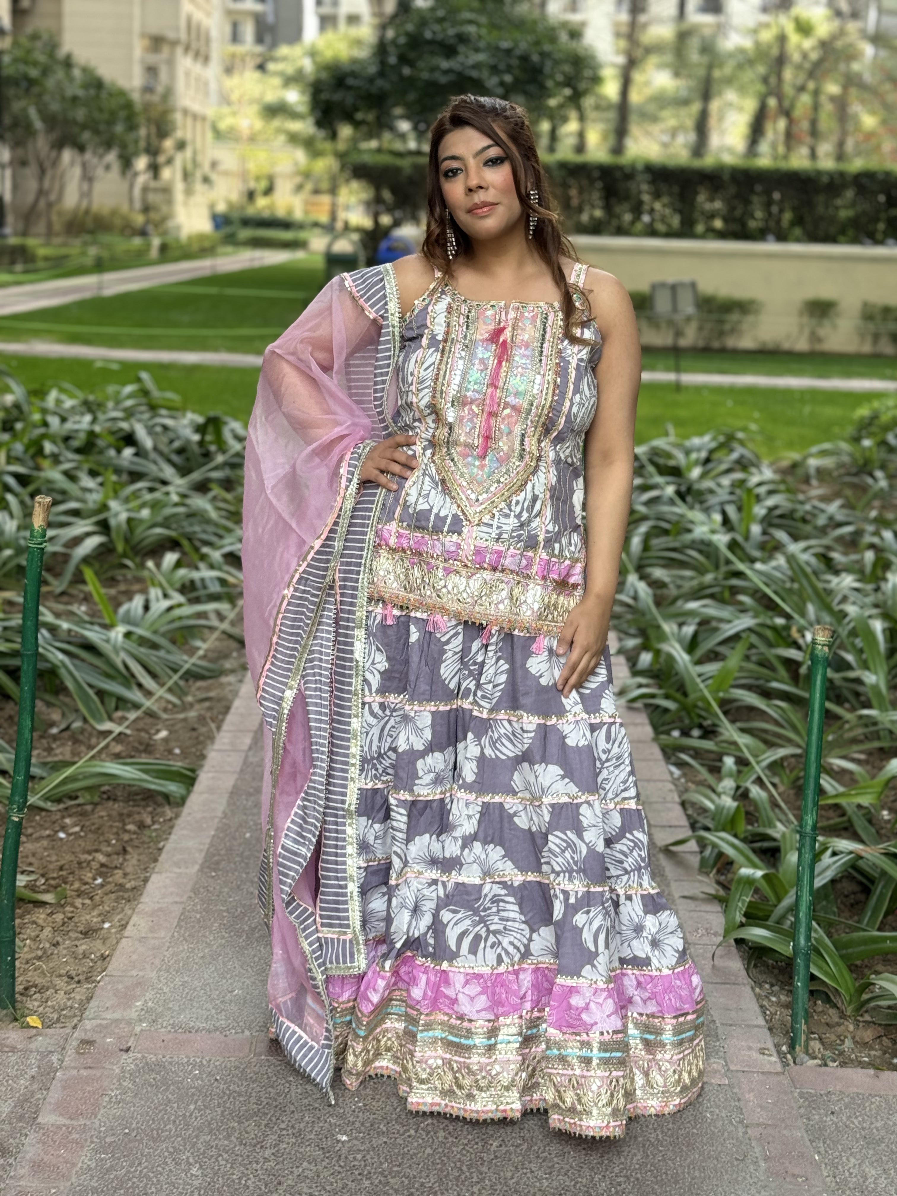 Grey Pink Lehngha Set With Long Kameex