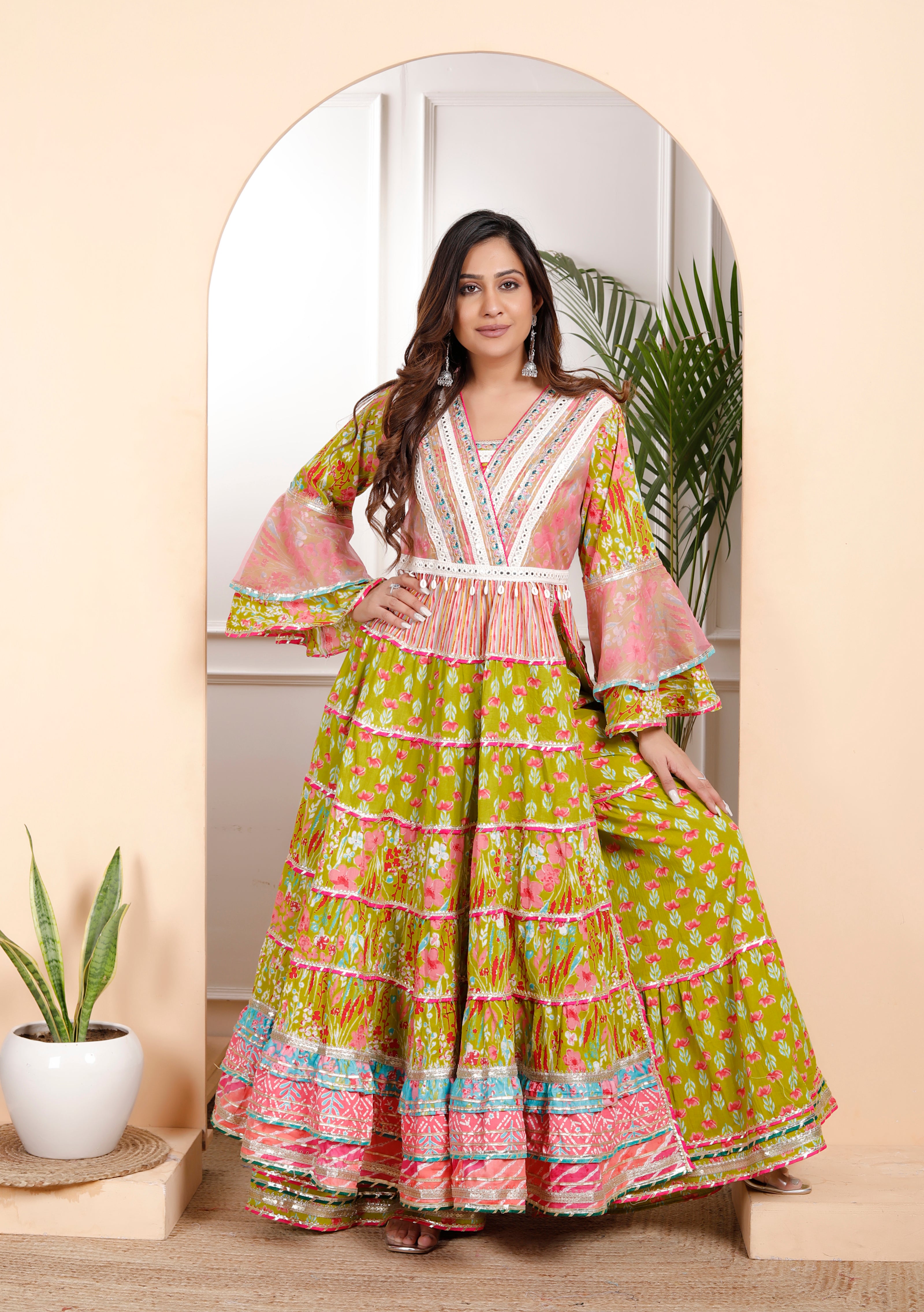 Exclusive Green Floral Cotton Long Anarkali with Side Slit & Sharara Set – Organza Dupatta, Sizes up to 48