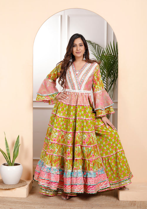 Exclusive Green Floral Cotton Long Anarkali with Side Slit & Sharara Set – Organza Dupatta, Sizes up to 48