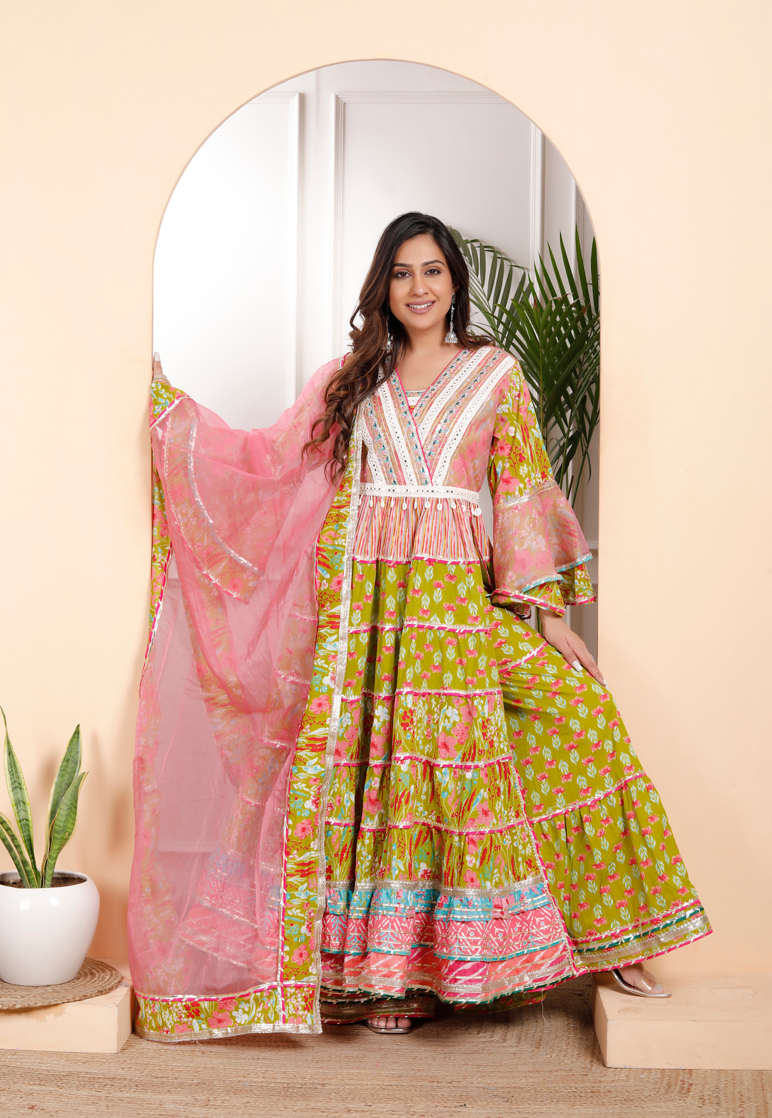 Exclusive Green Floral Cotton Long Anarkali with Side Slit & Sharara Set – Organza Dupatta, Sizes up to 48