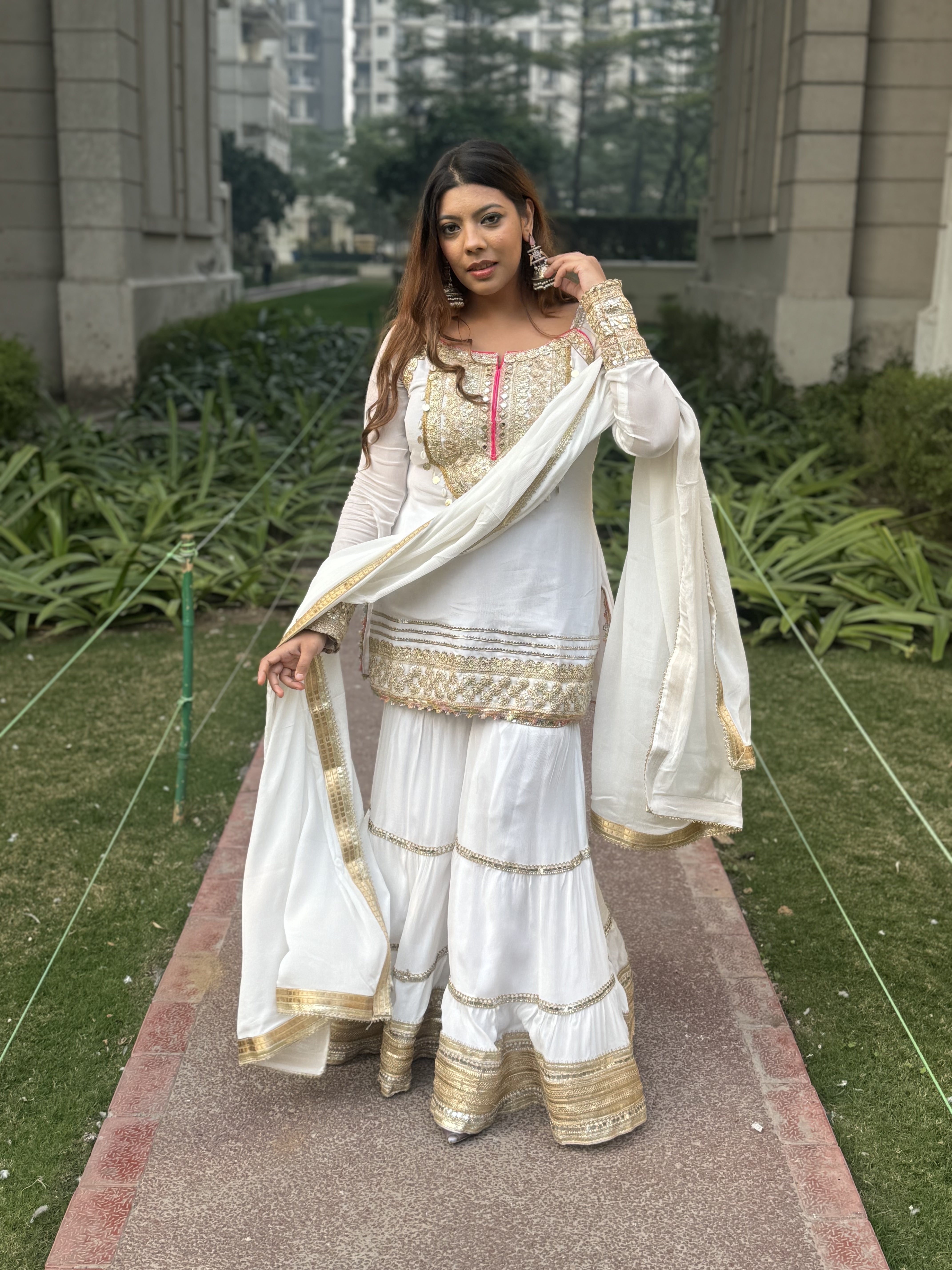 White Chinon Sharara Set Full Sleeves