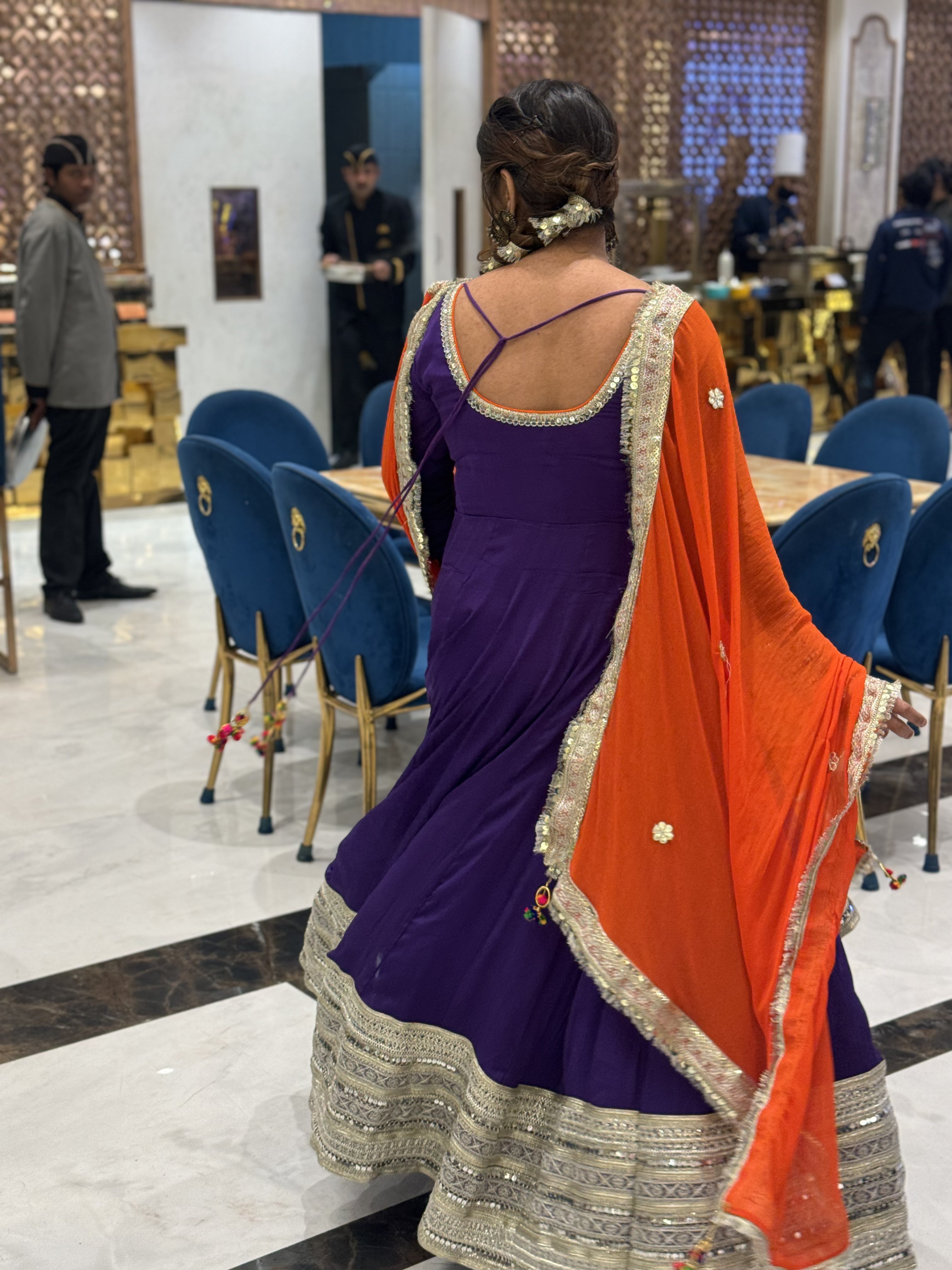 Purple Anarakli With Orange Dupatta