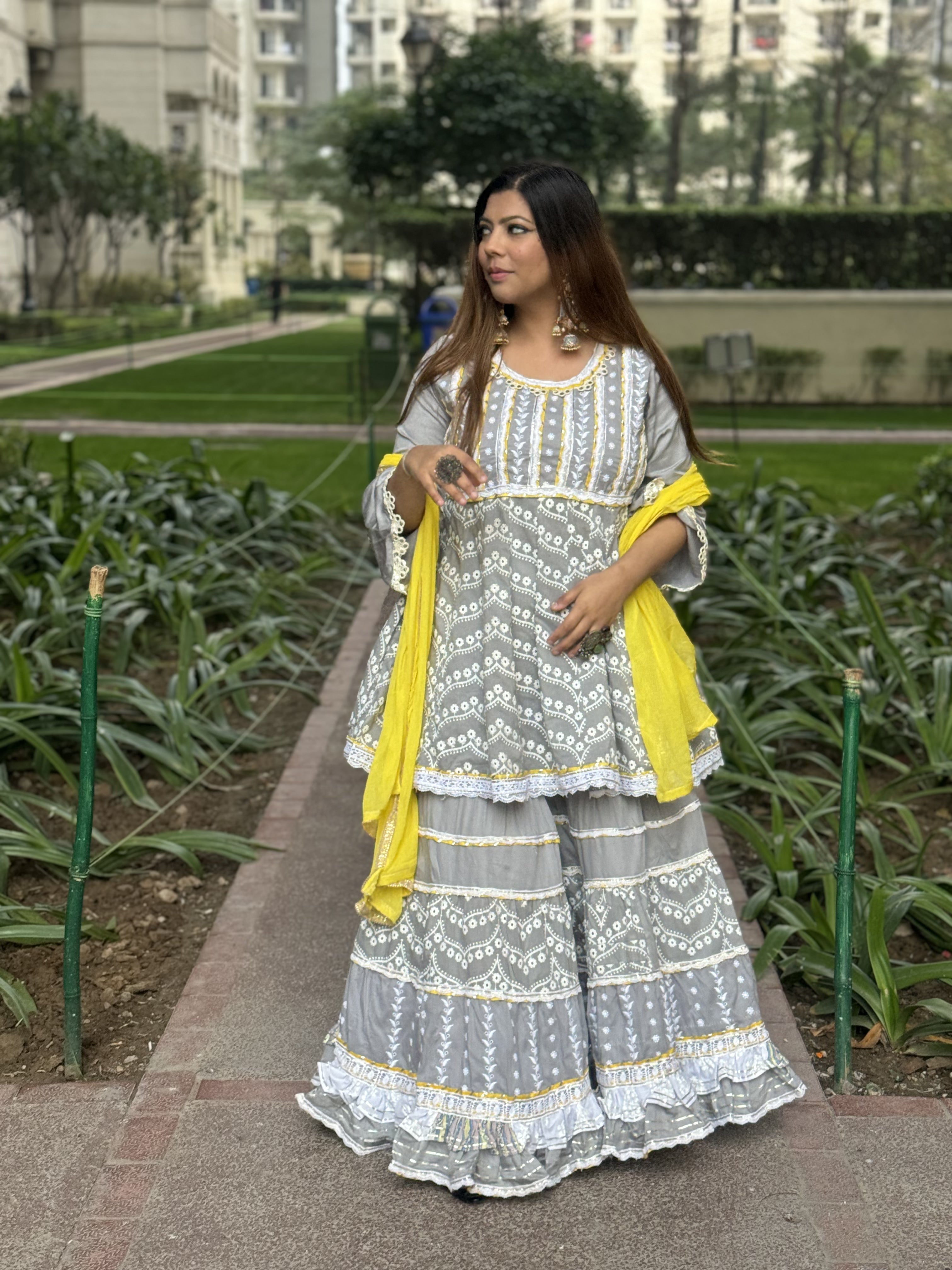 Grey Yellow Mulmul Sharara