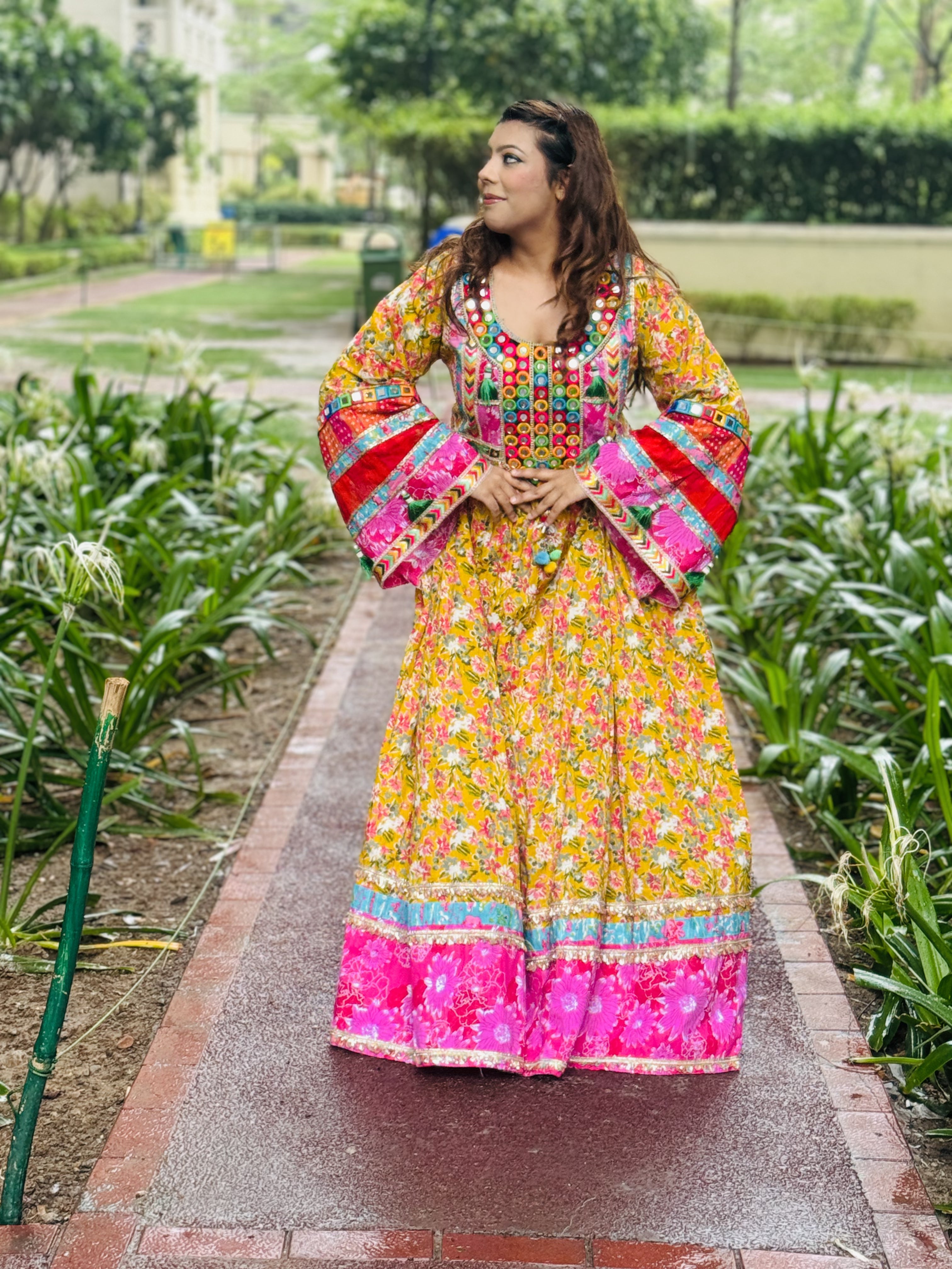Boho Yellow Pink Anarkali Kurti