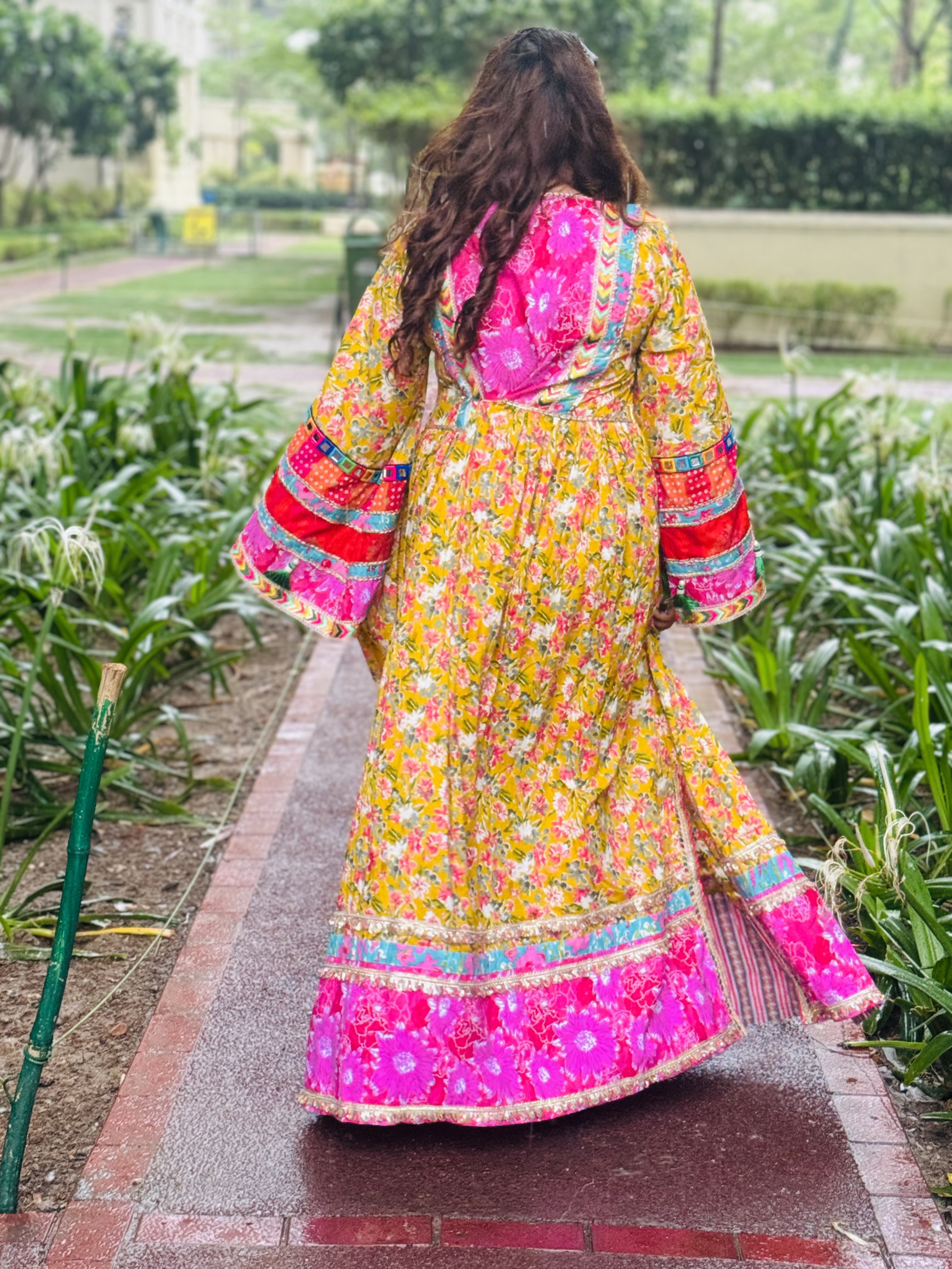 Boho Yellow Pink Anarkali Kurti