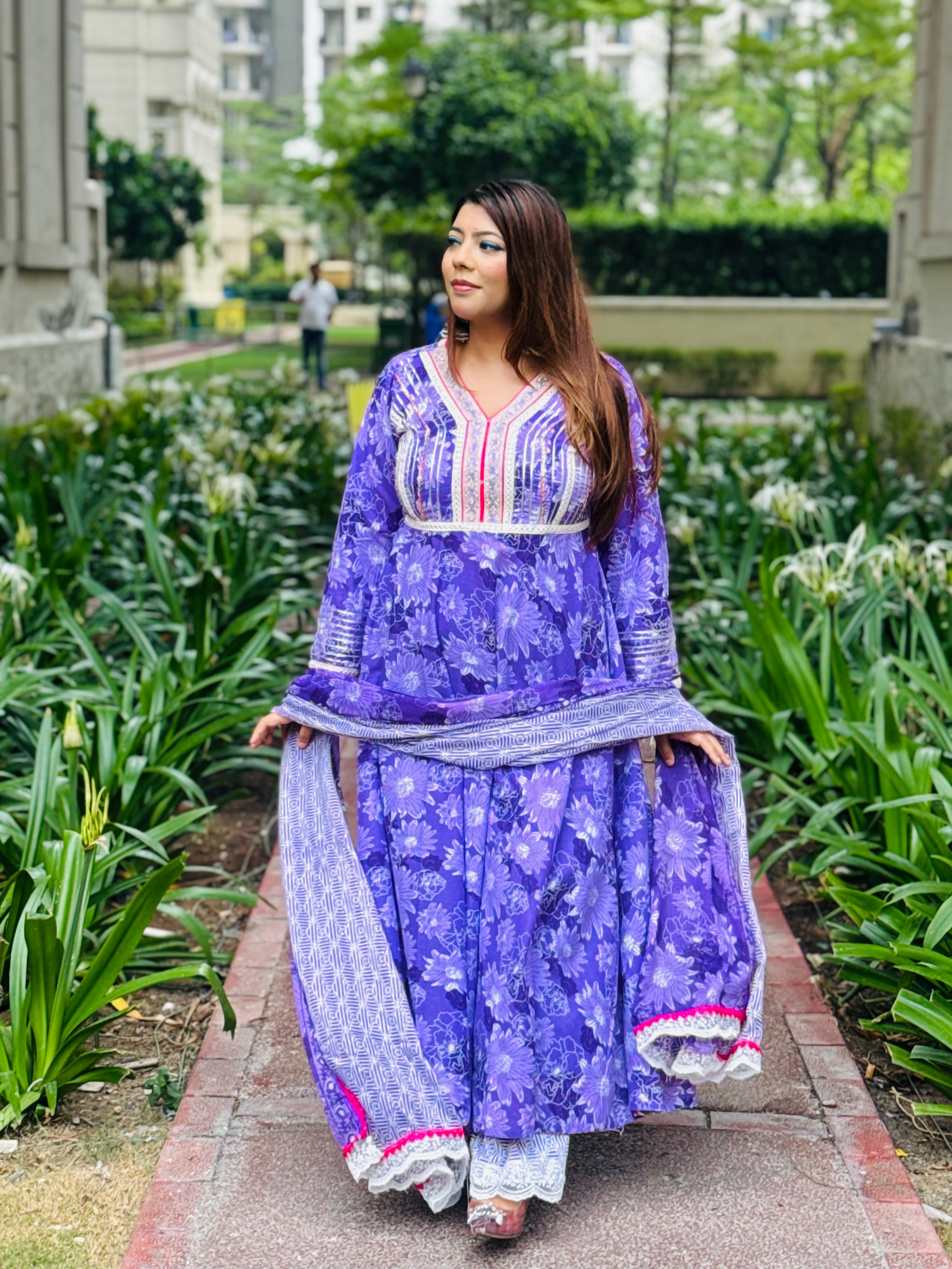 Lilac Pure Cotton Anarkali Set with Plazo & Full-Size Mul-Mul Dupatta – Sizes 34 to 46