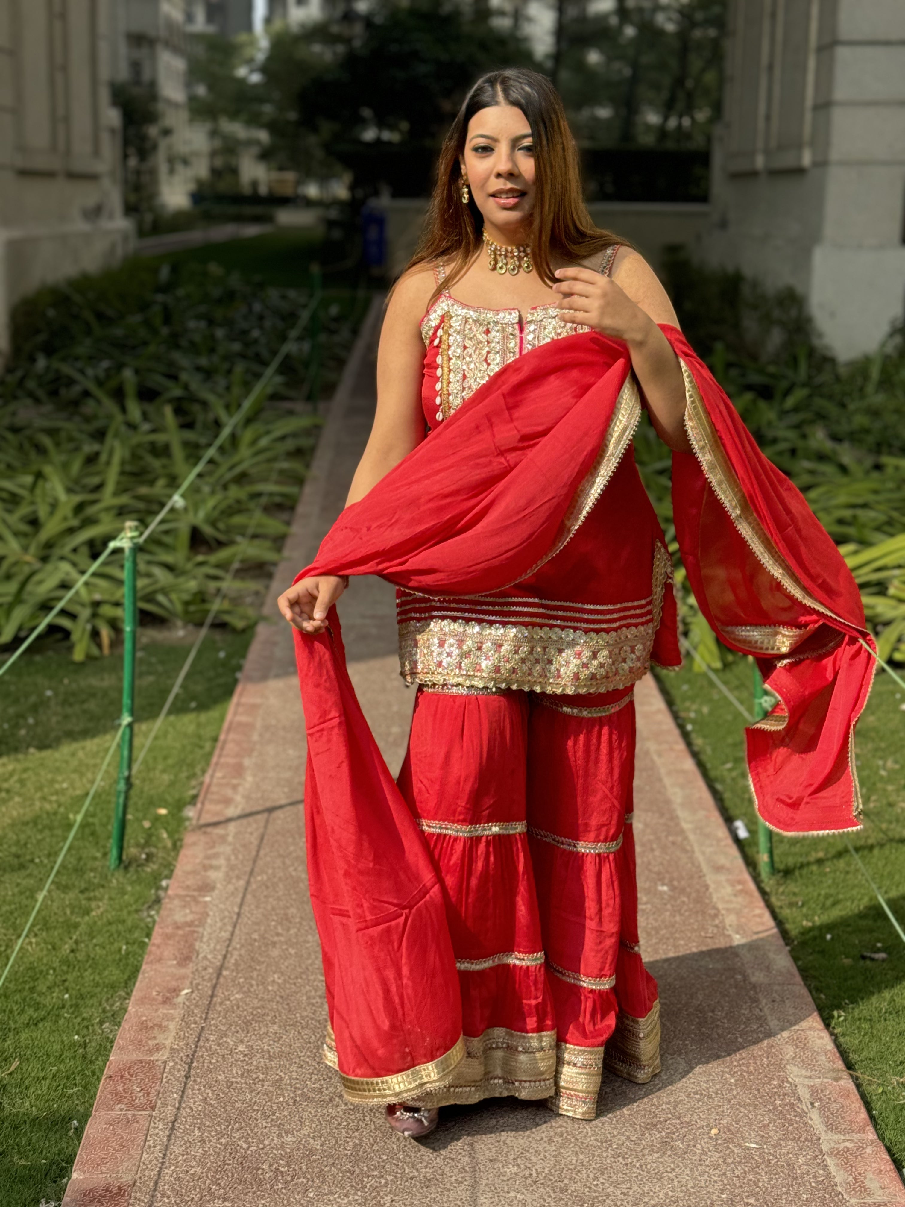 Red Chinon Sharara Set Step