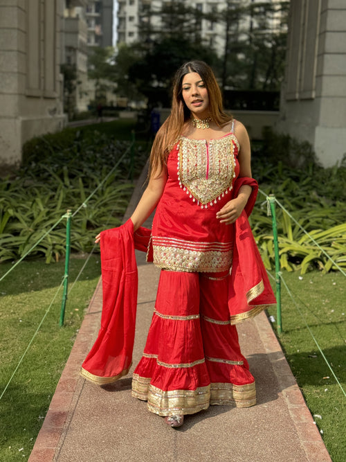 Red Chinon Sharara Set Step