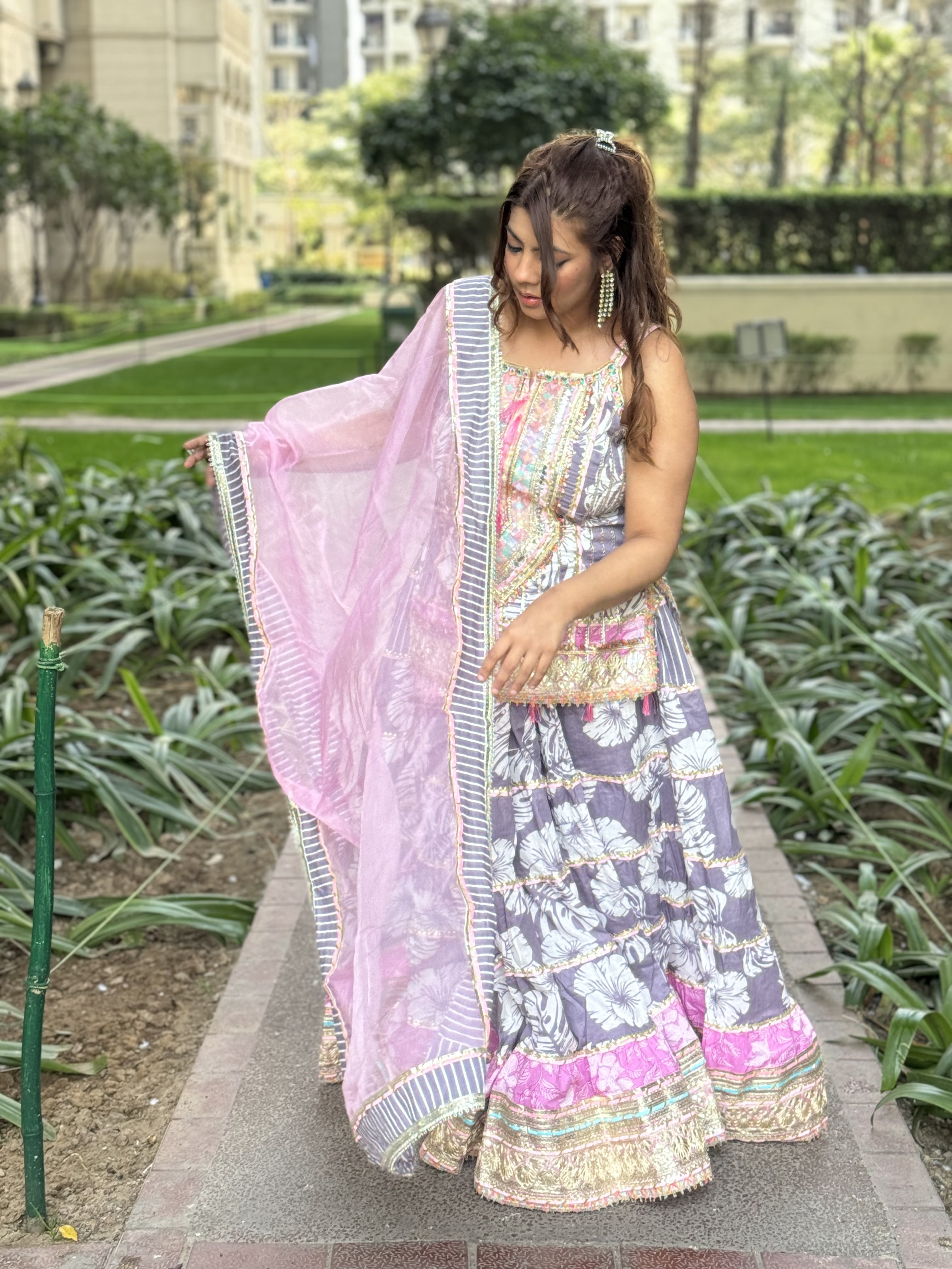 Grey Pink Lehngha Set With Long Kameex