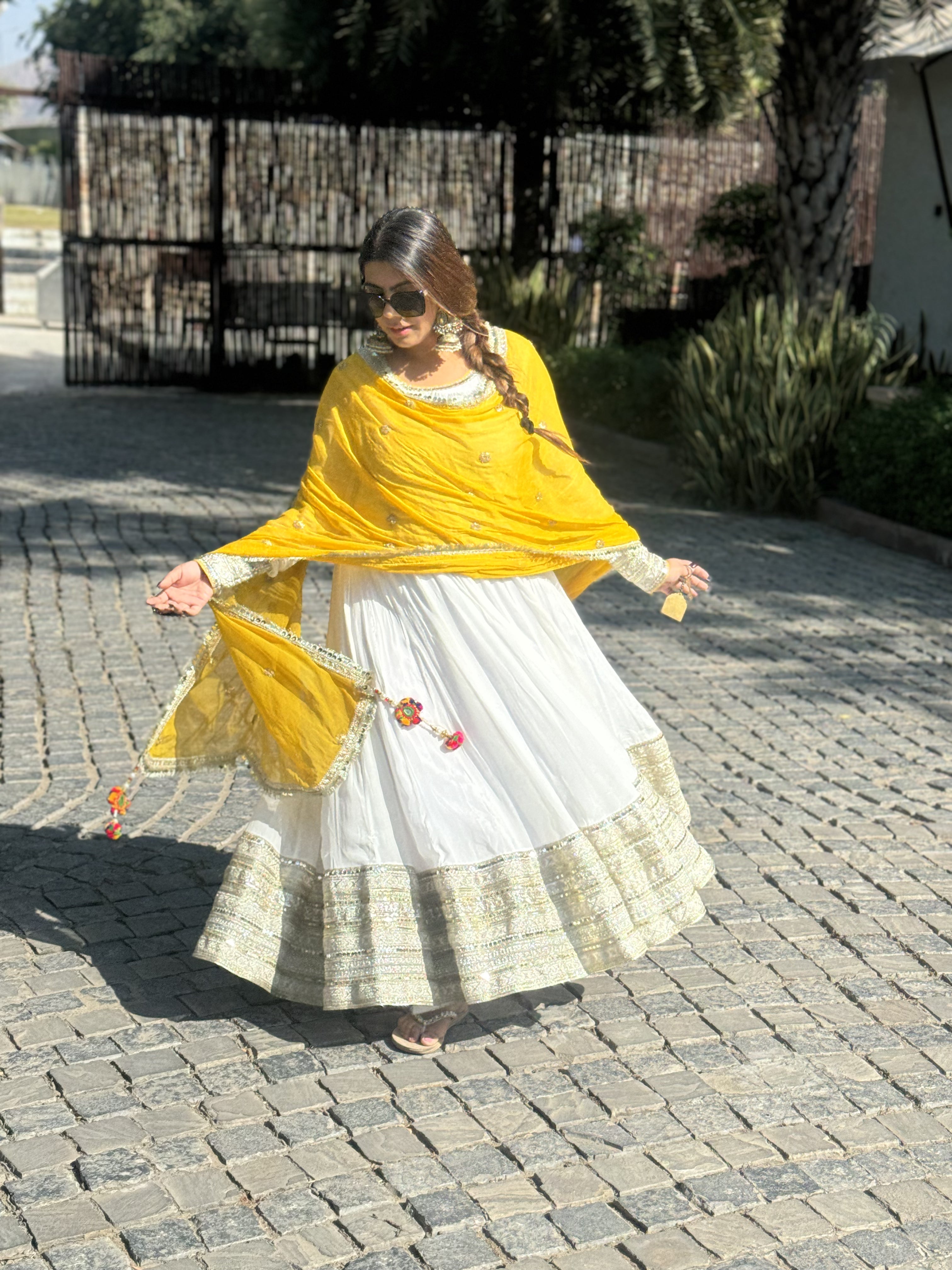 White Chinon Yellow Dupatta Anarkali