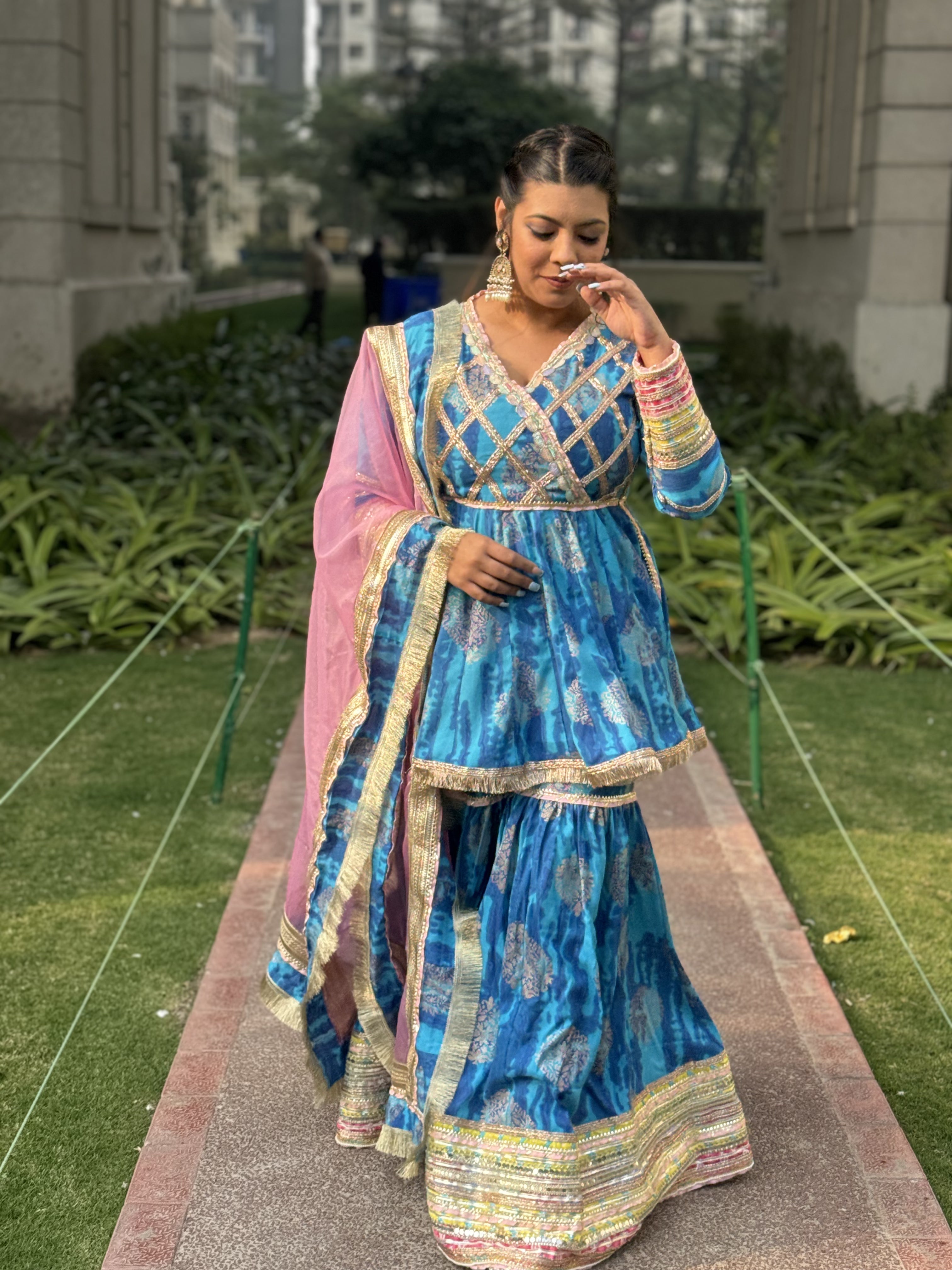 Blue Peplum Side Open Sharara Set