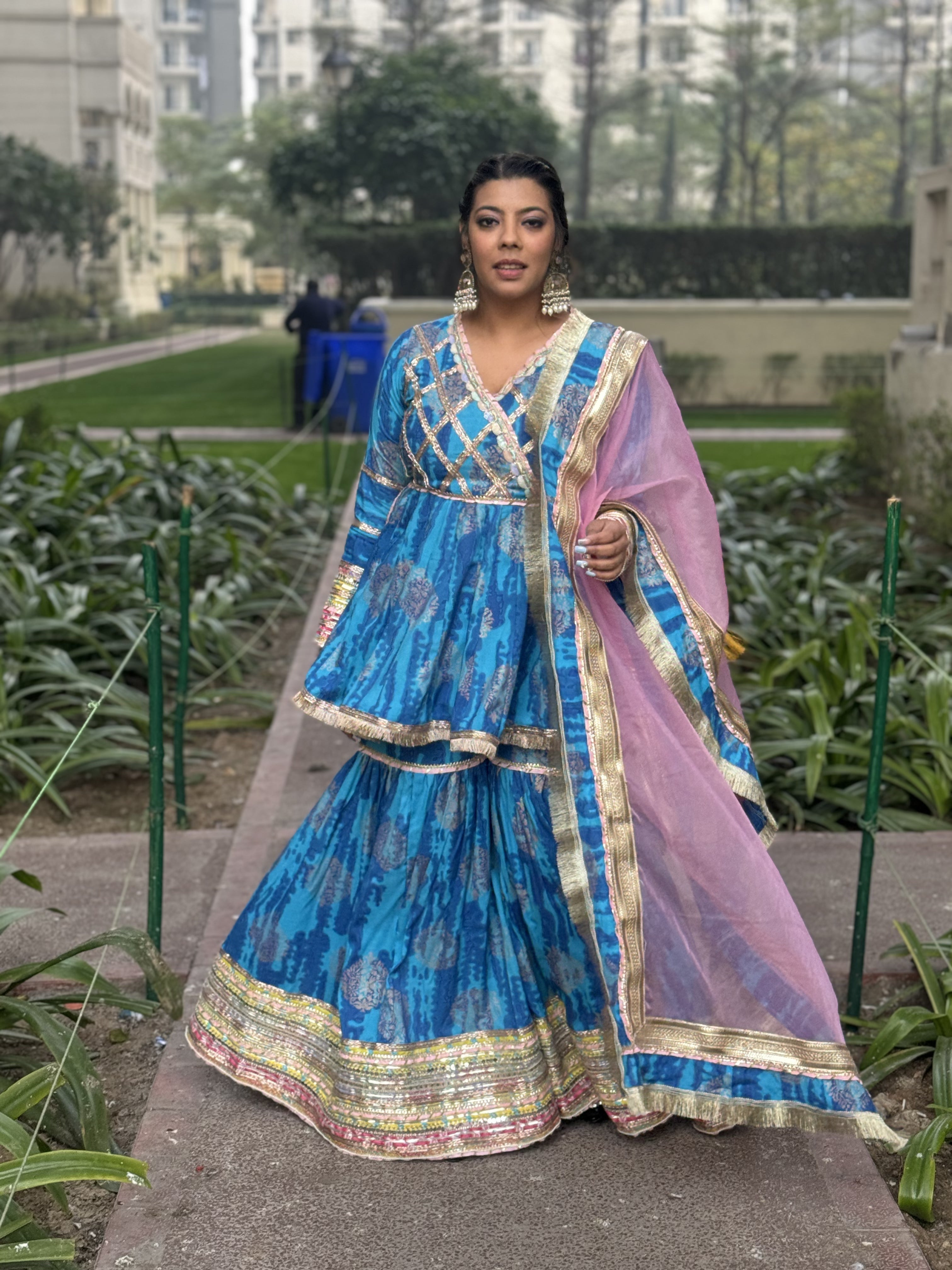 Blue Peplum Side Open Sharara Set