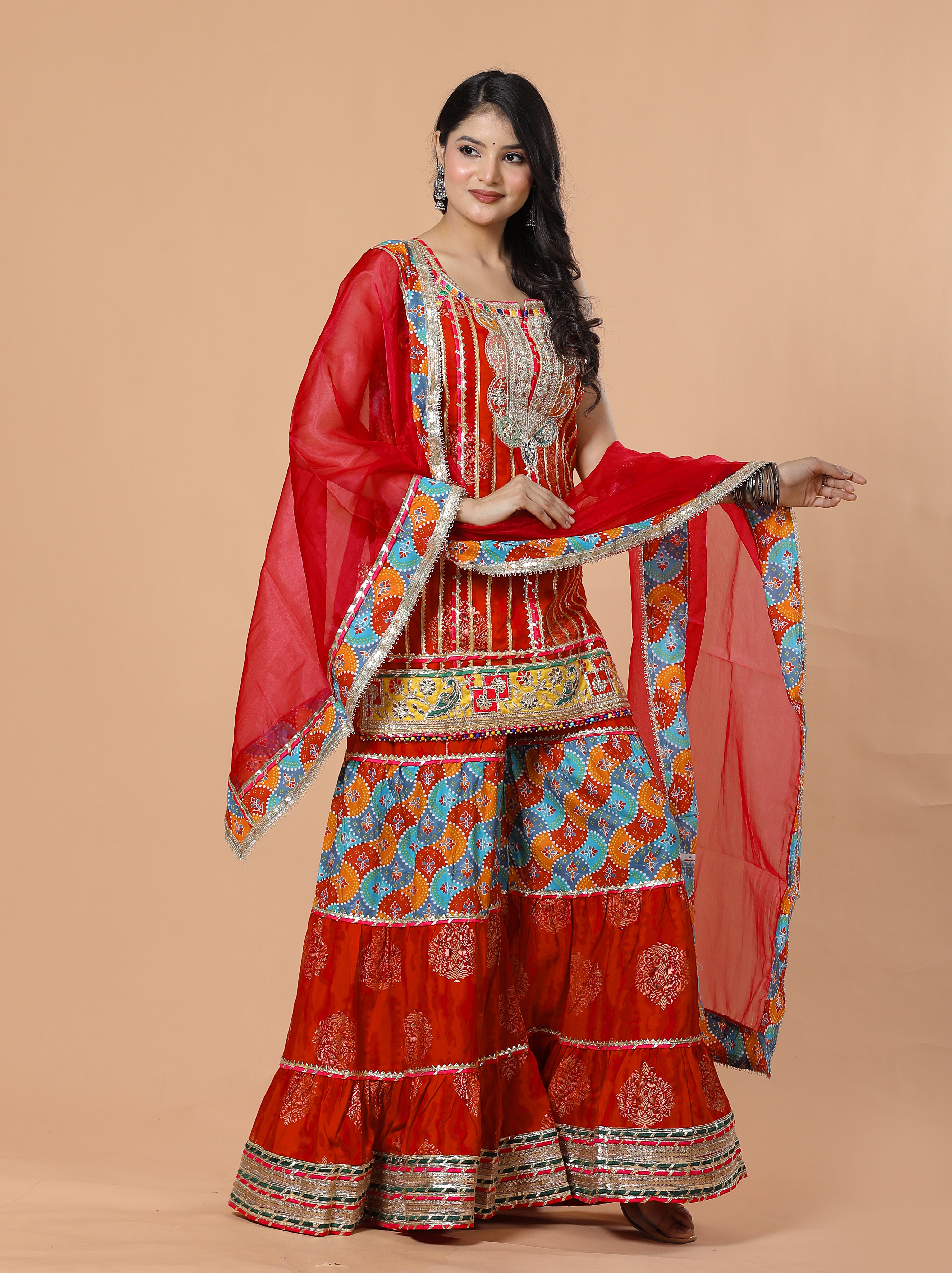Red Shrarara Cotton Blue Touch Step Sharara