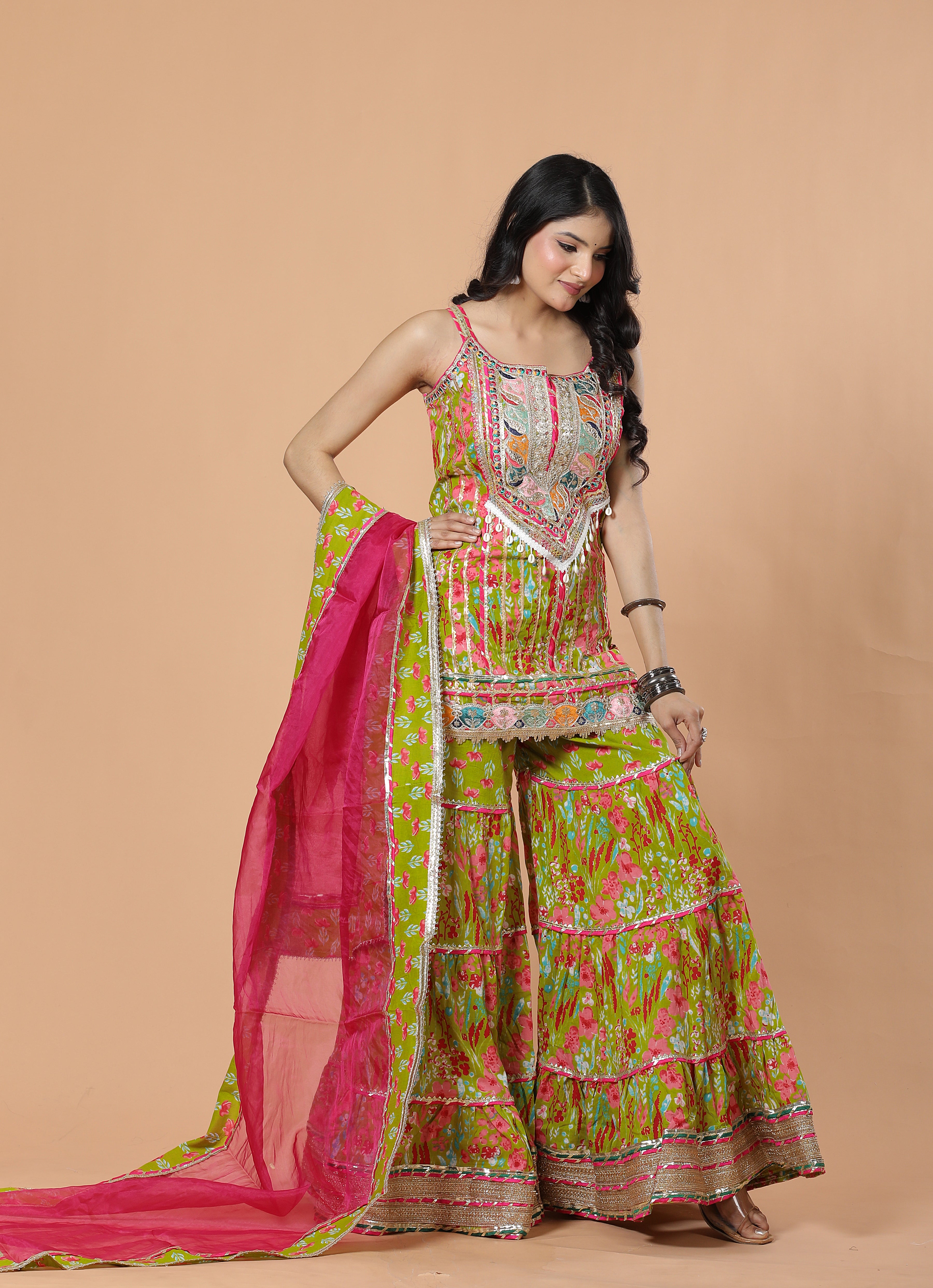 Parrot Green Sharara Set Organza Magenta Dupatta